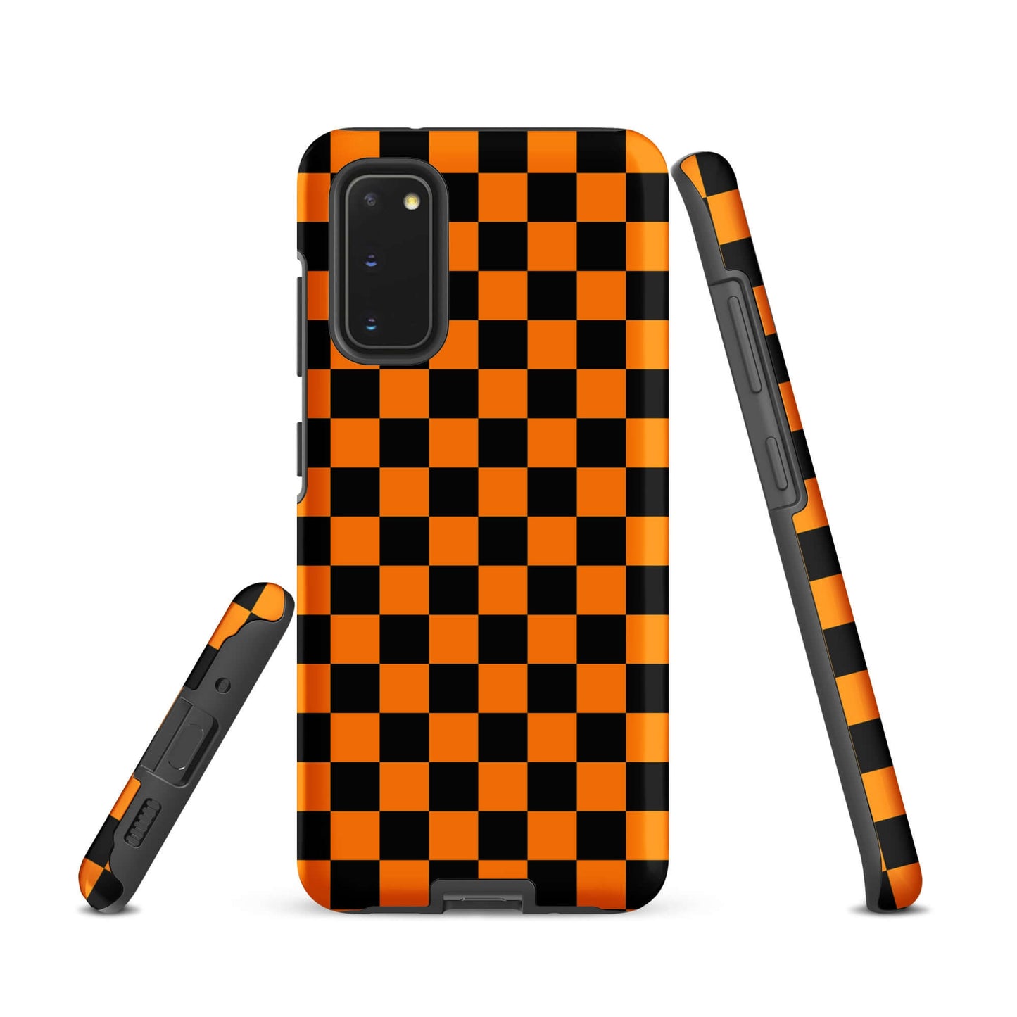 Phone Case for Samsung Galaxy with vibrant orange-black checkered design showcasing retro and modern flair.