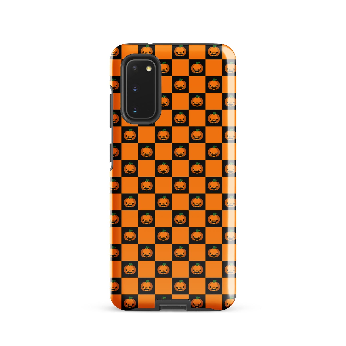 Phone Case for Samsung Galaxy with pumpkin checkered Halloween design featuring orange and black squares and jack-o’-lanterns.