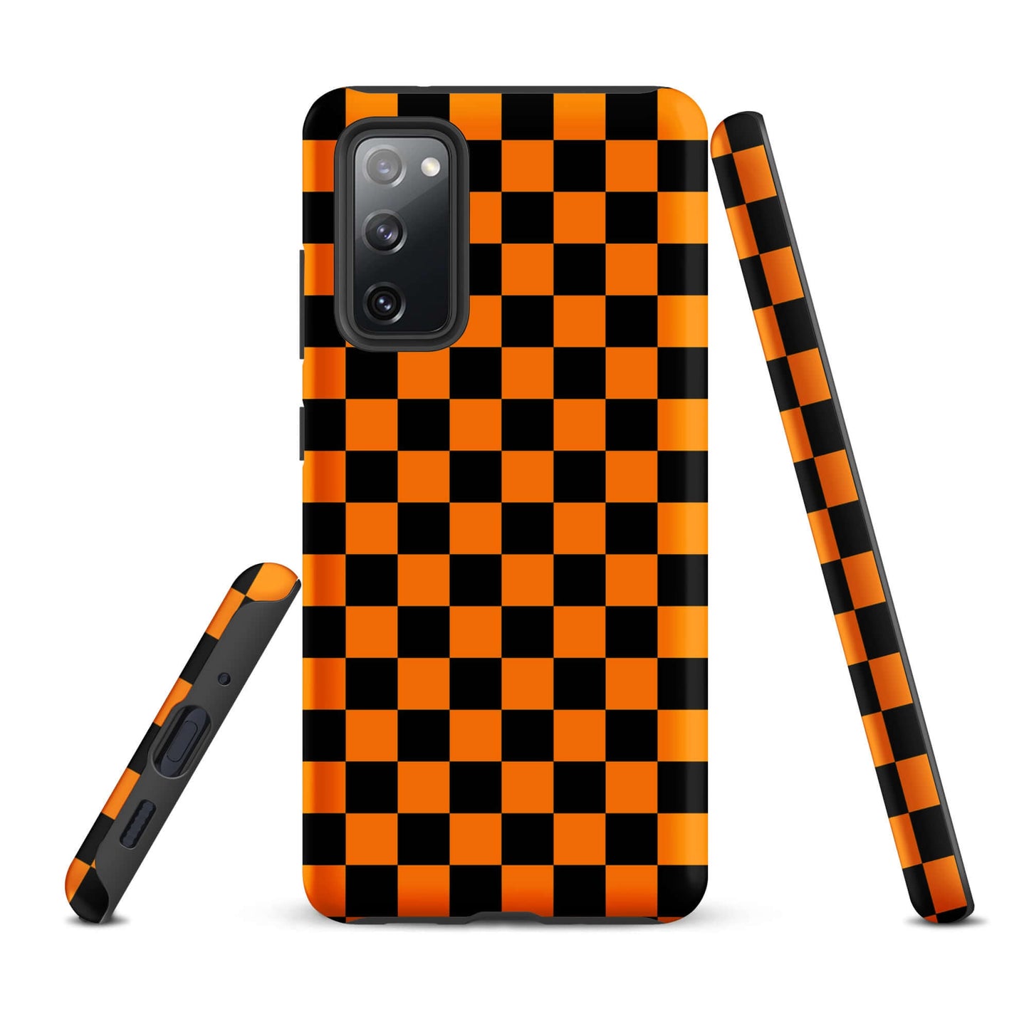 Phone Case for Samsung Galaxy with vibrant orange-black checkered design, showcasing retro fun and modern flair.
