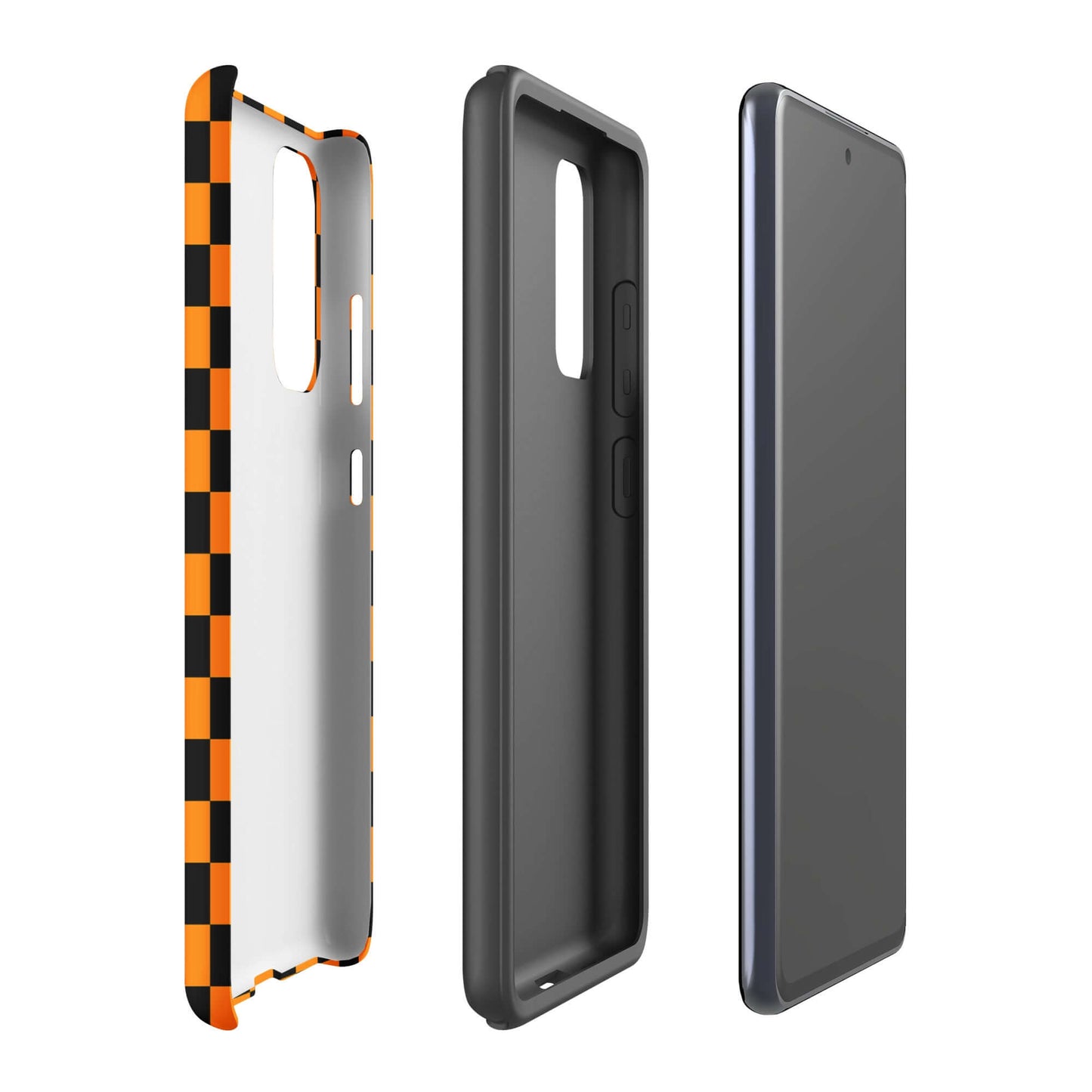 Phone Case for Samsung Galaxy with vibrant orange-black checkered design showcasing retro-modern style and personality boost.