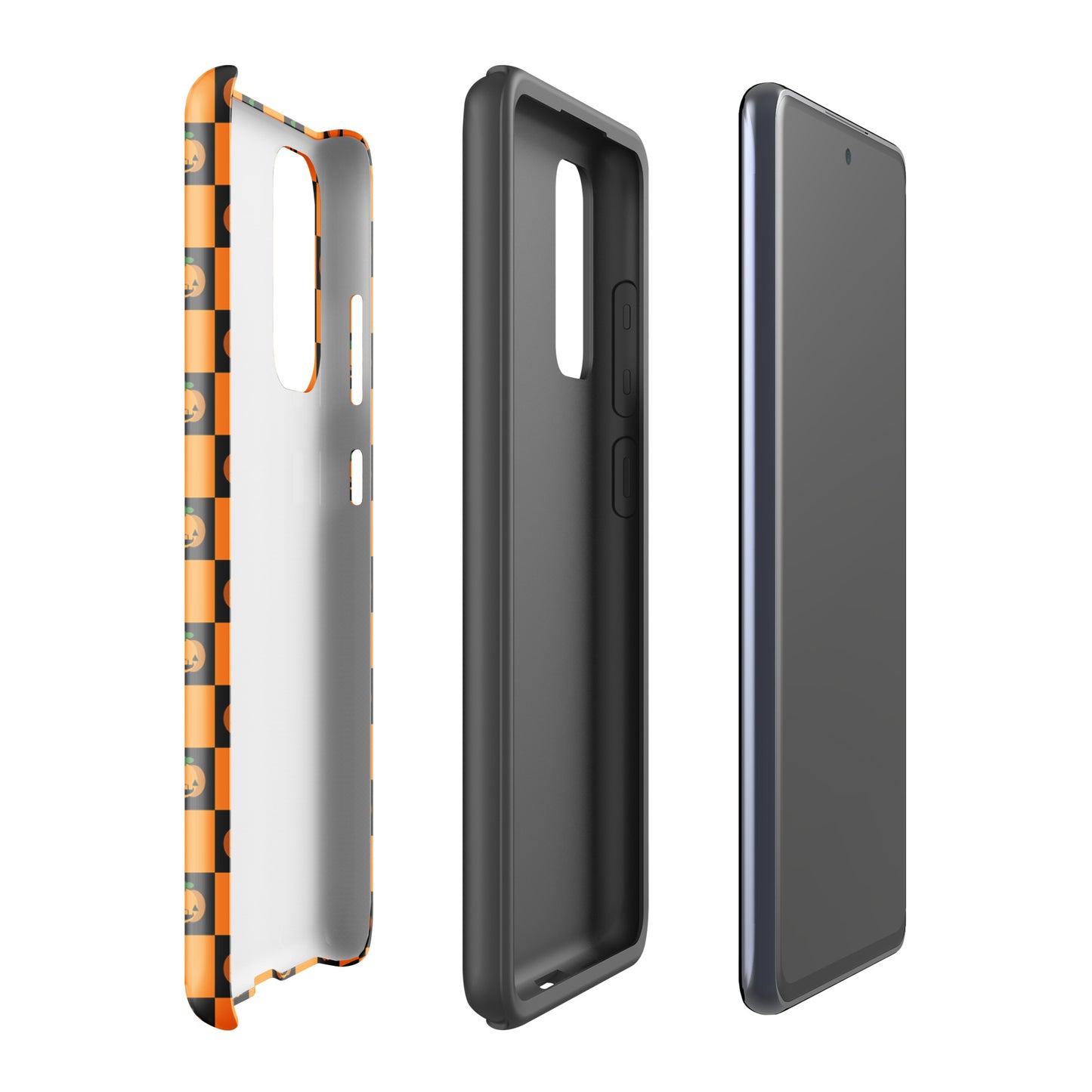 Phone Case for Samsung Galaxy with pumpkin checkered Halloween design showcasing vibrant orange and black jack-o'-lantern pattern.