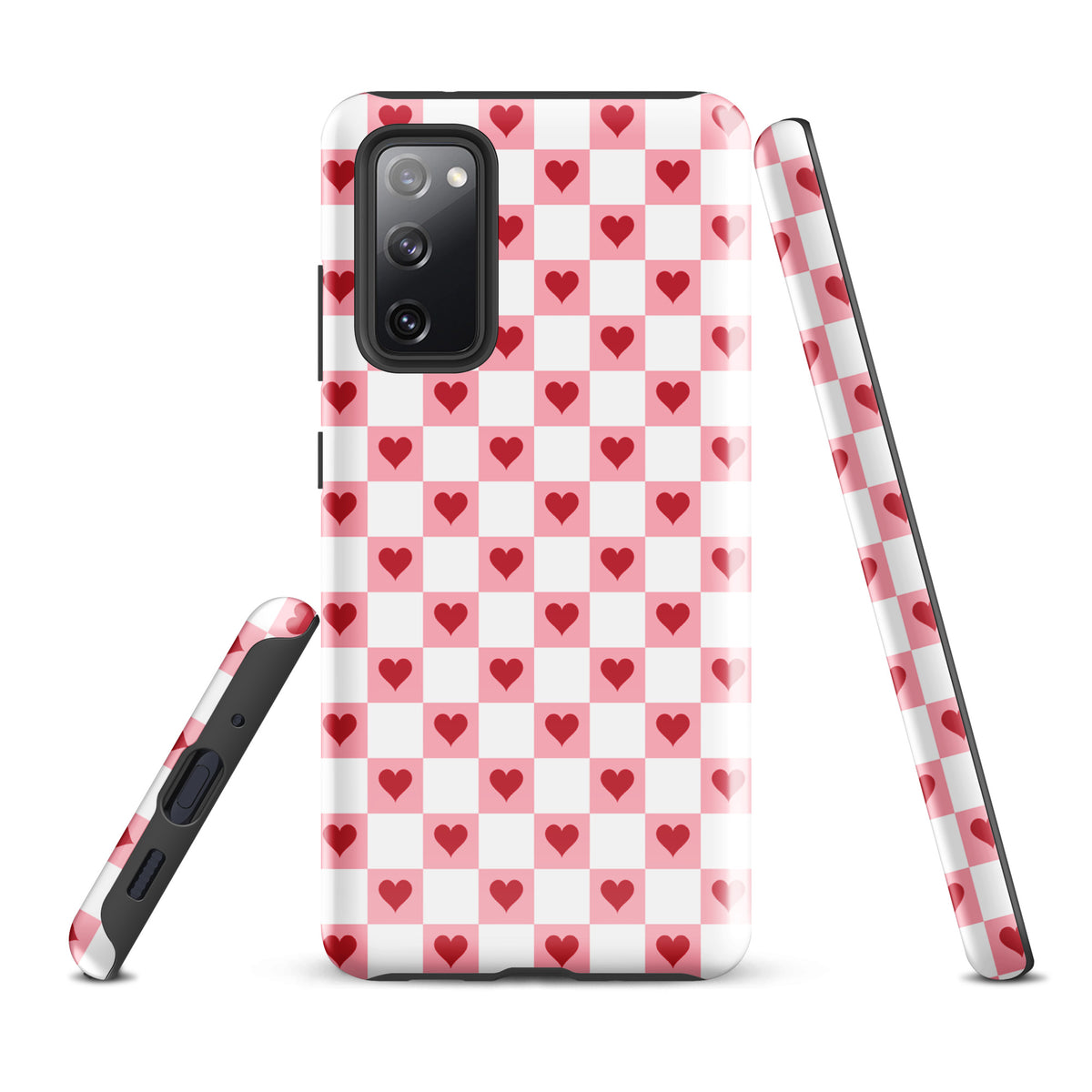 Phone Case for Samsung Galaxy with pink-and-white checkered pattern and red hearts design, stylish and protective accessory.
