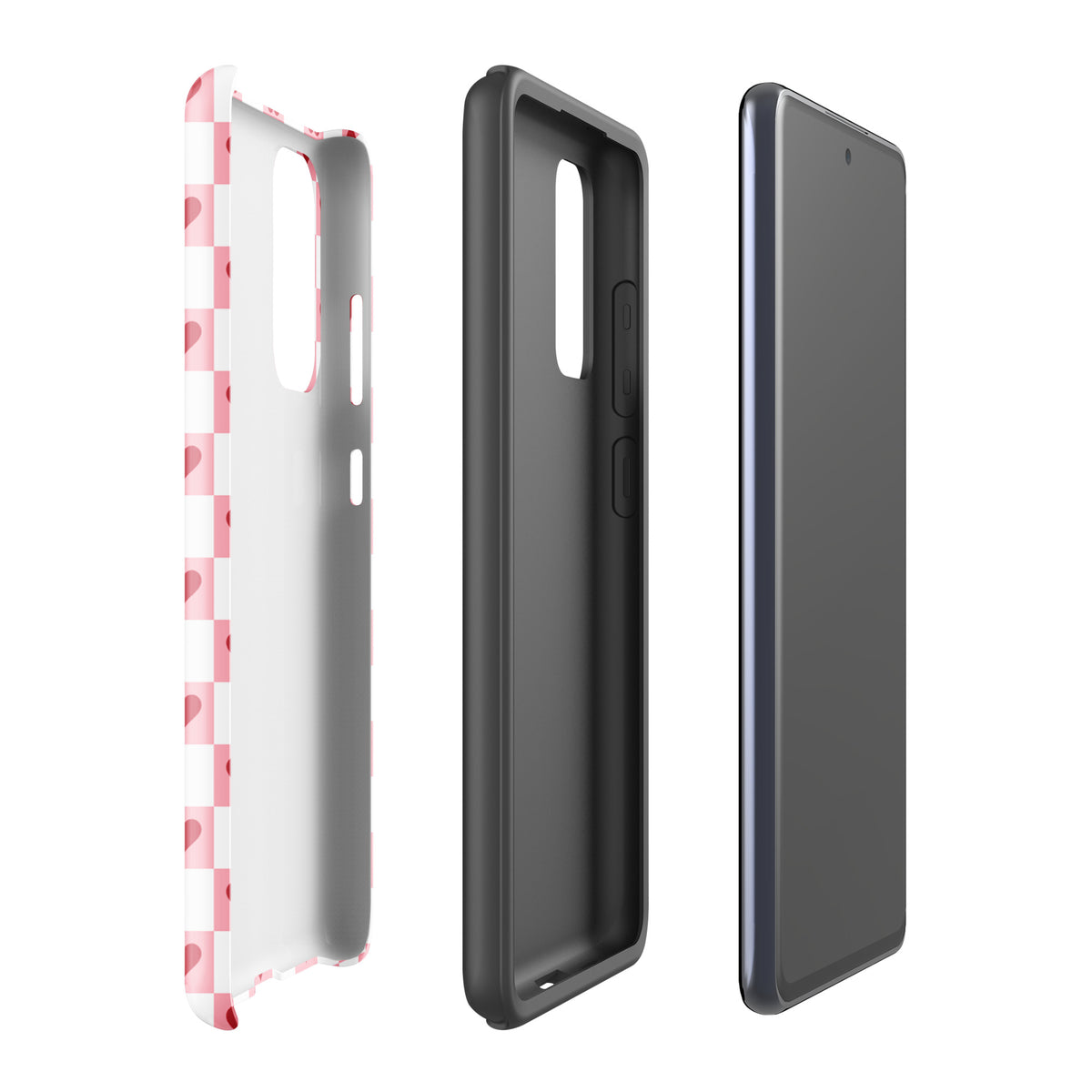 Phone Case for Samsung Galaxy - pink-and-white with red hearts, checkered design, showing back cover and interior view.