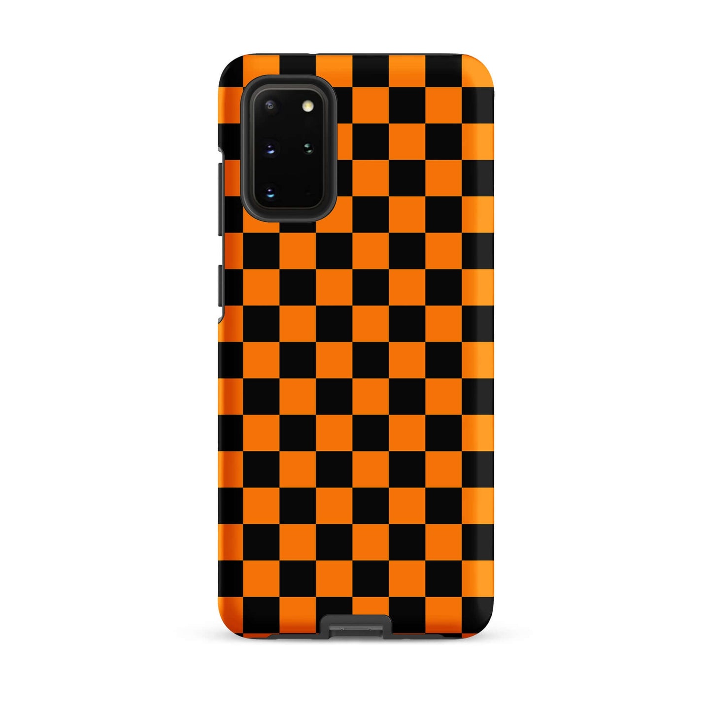 Phone Case for Samsung Galaxy with vibrant orange-black checkered design, retro fun and modern flair for a colorful everyday look.