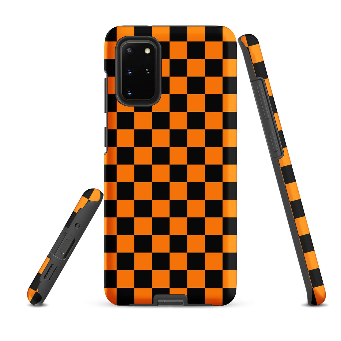 Phone Case for Samsung Galaxy with vibrant orange-black checkered design, showcasing bold retro style and modern flair.