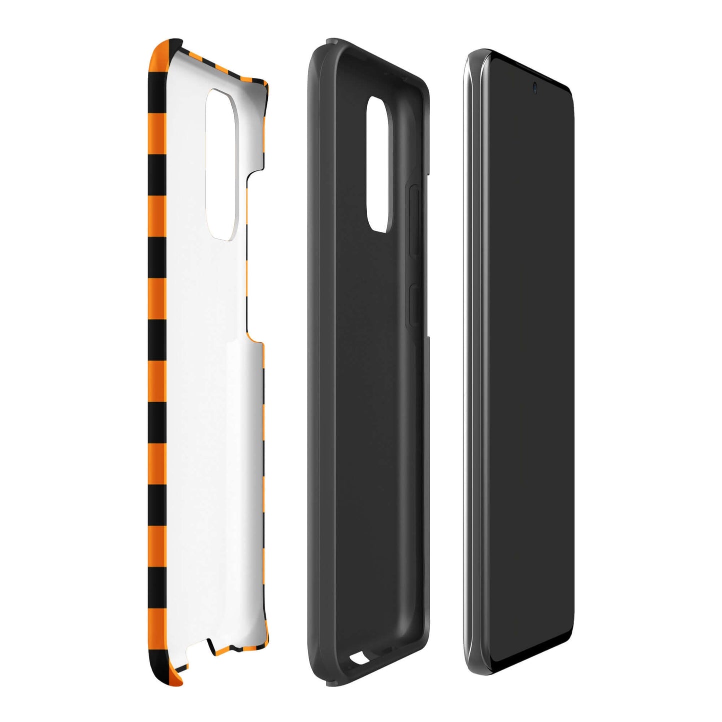 Phone Case for Samsung Galaxy with vibrant orange-black checkered design, showing three angles of retro and modern flair.