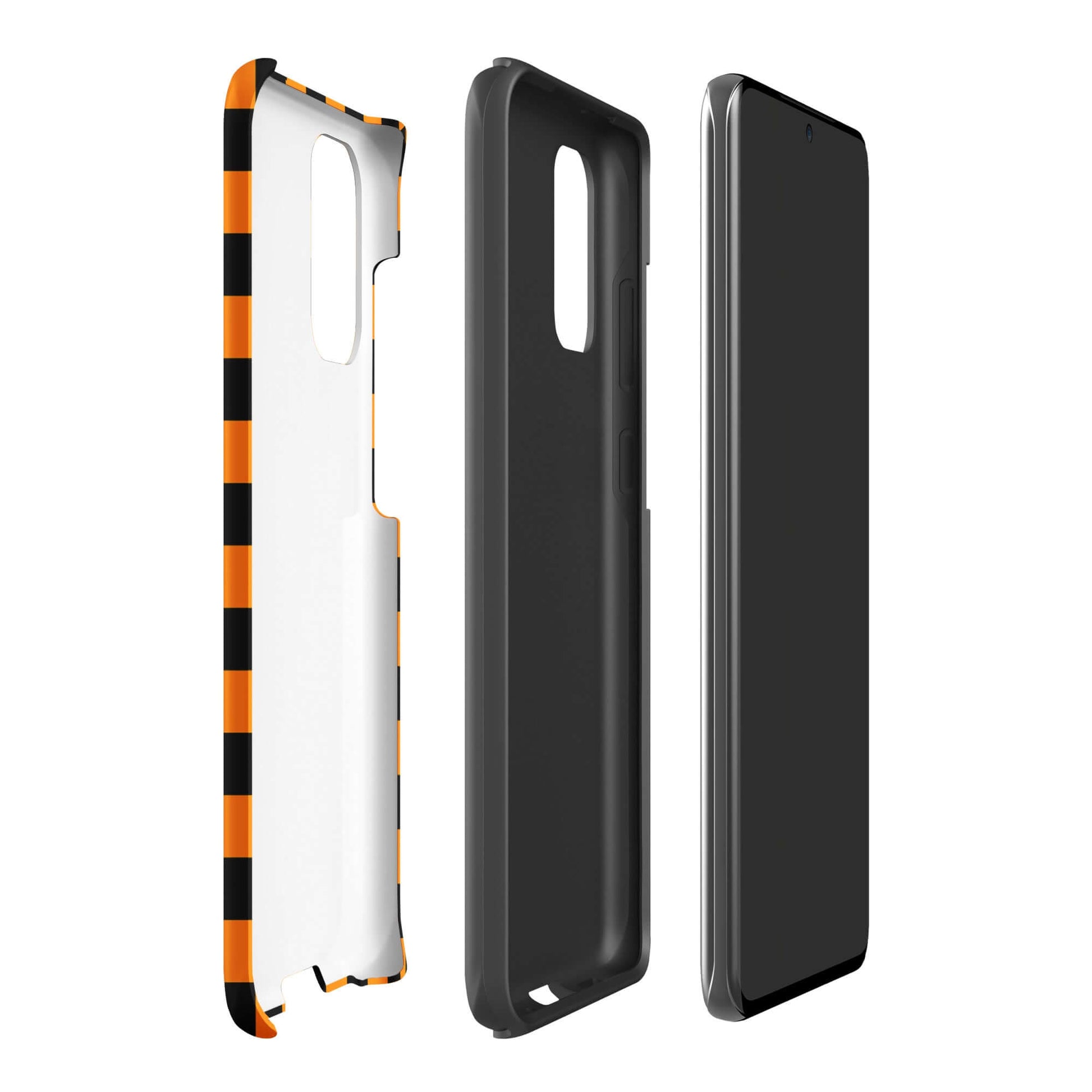 Phone Case for Samsung Galaxy with vibrant orange-black checkered design, showing three angles of retro and modern flair.