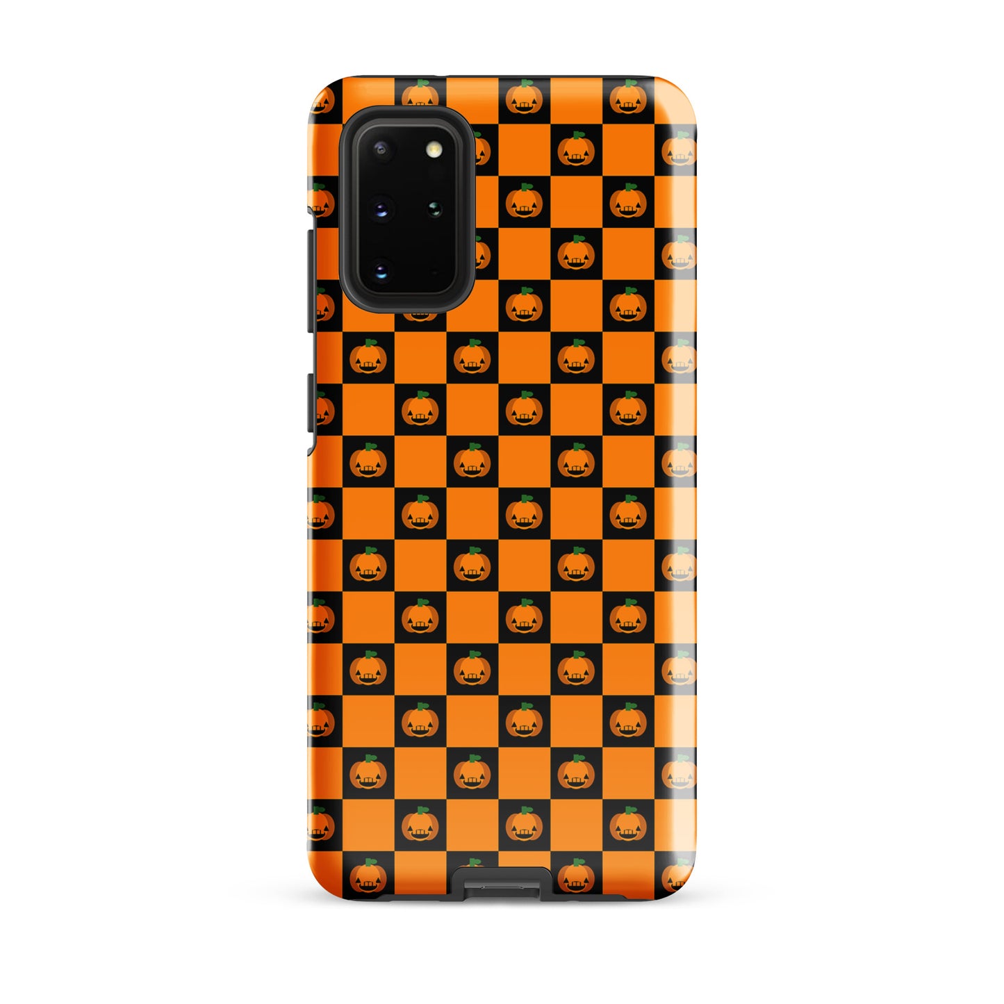 Phone Case for Samsung Galaxy with pumpkin checkered Halloween design featuring black and orange squares and jack-o'-lanterns.