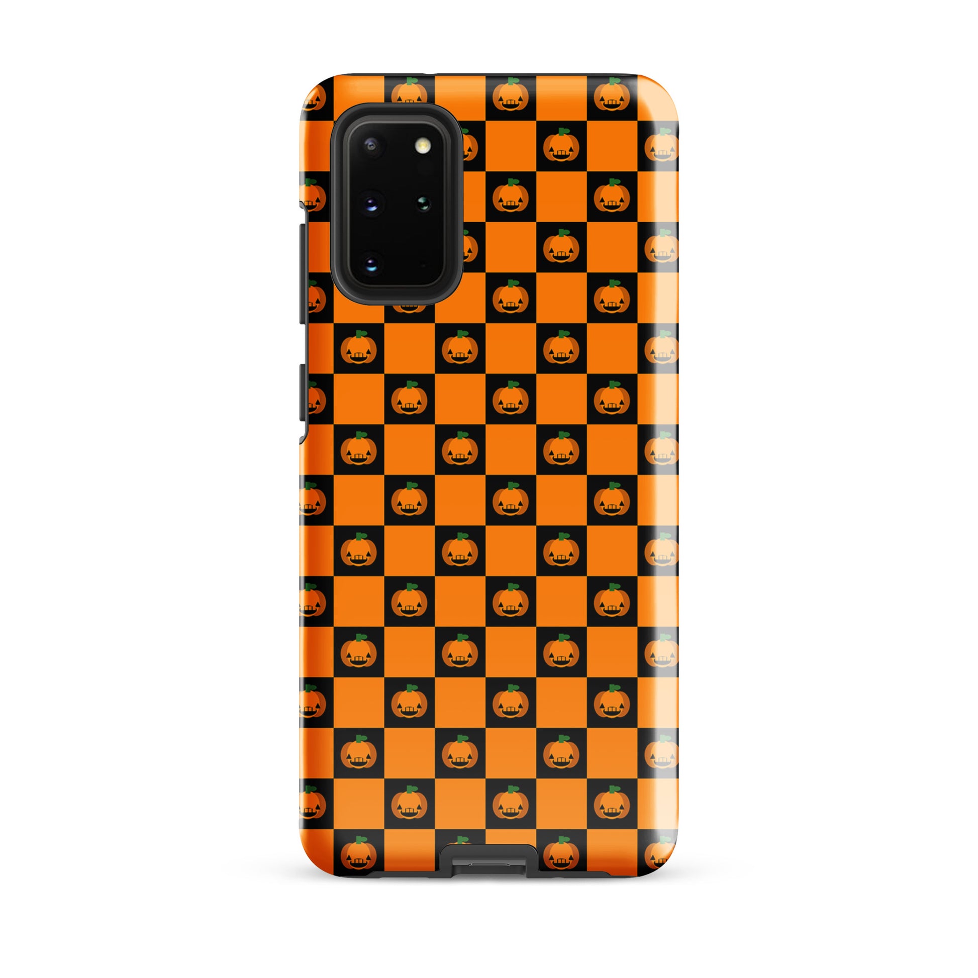 Phone Case for Samsung Galaxy with pumpkin checkered Halloween design featuring black and orange squares and jack-o'-lanterns.