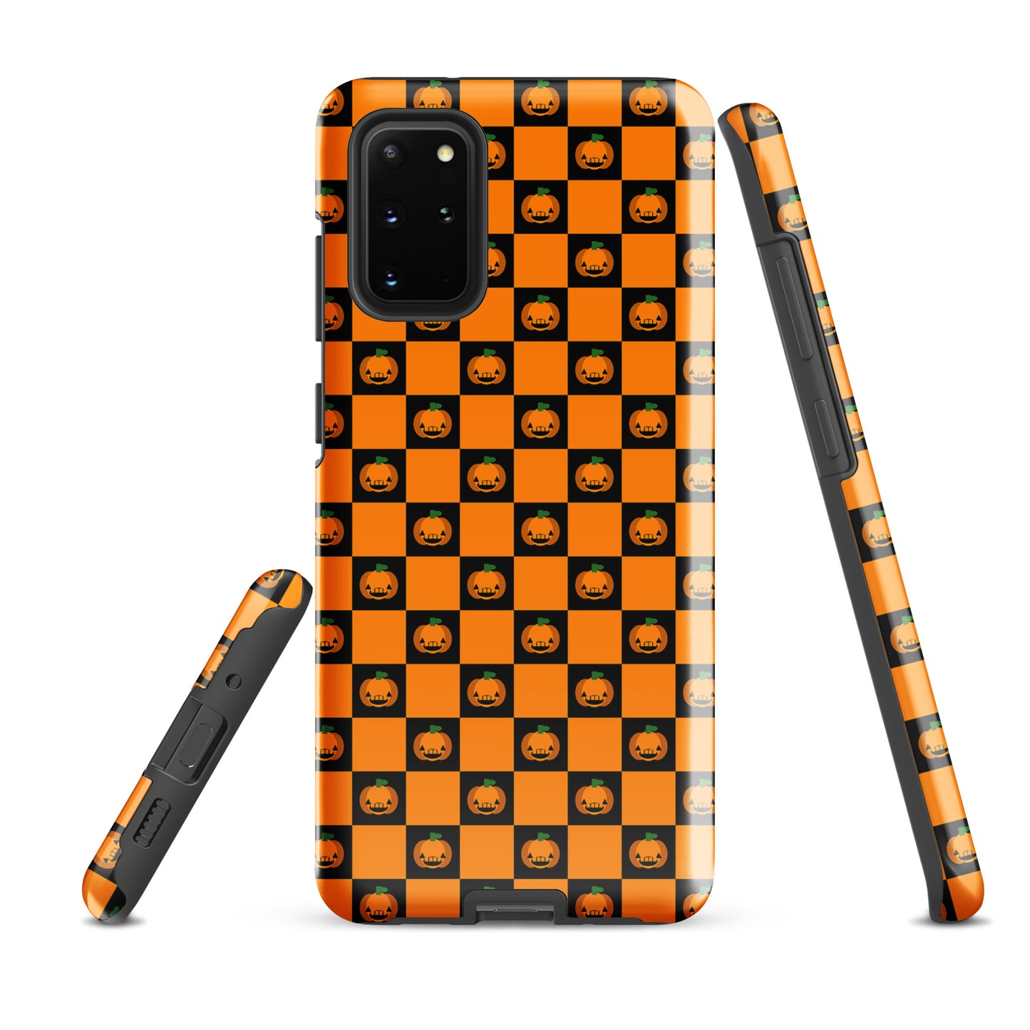 Phone Case for Samsung Galaxy with pumpkin checkered Halloween design featuring orange and black squares and smiling jack-o'-lanterns.