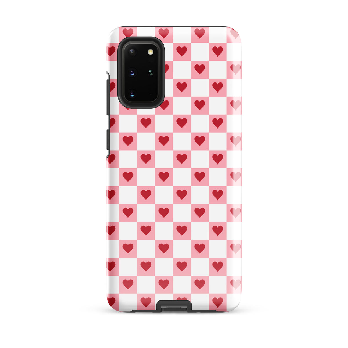Phone Case with pink-and-white checkered design and red hearts for Samsung Galaxy