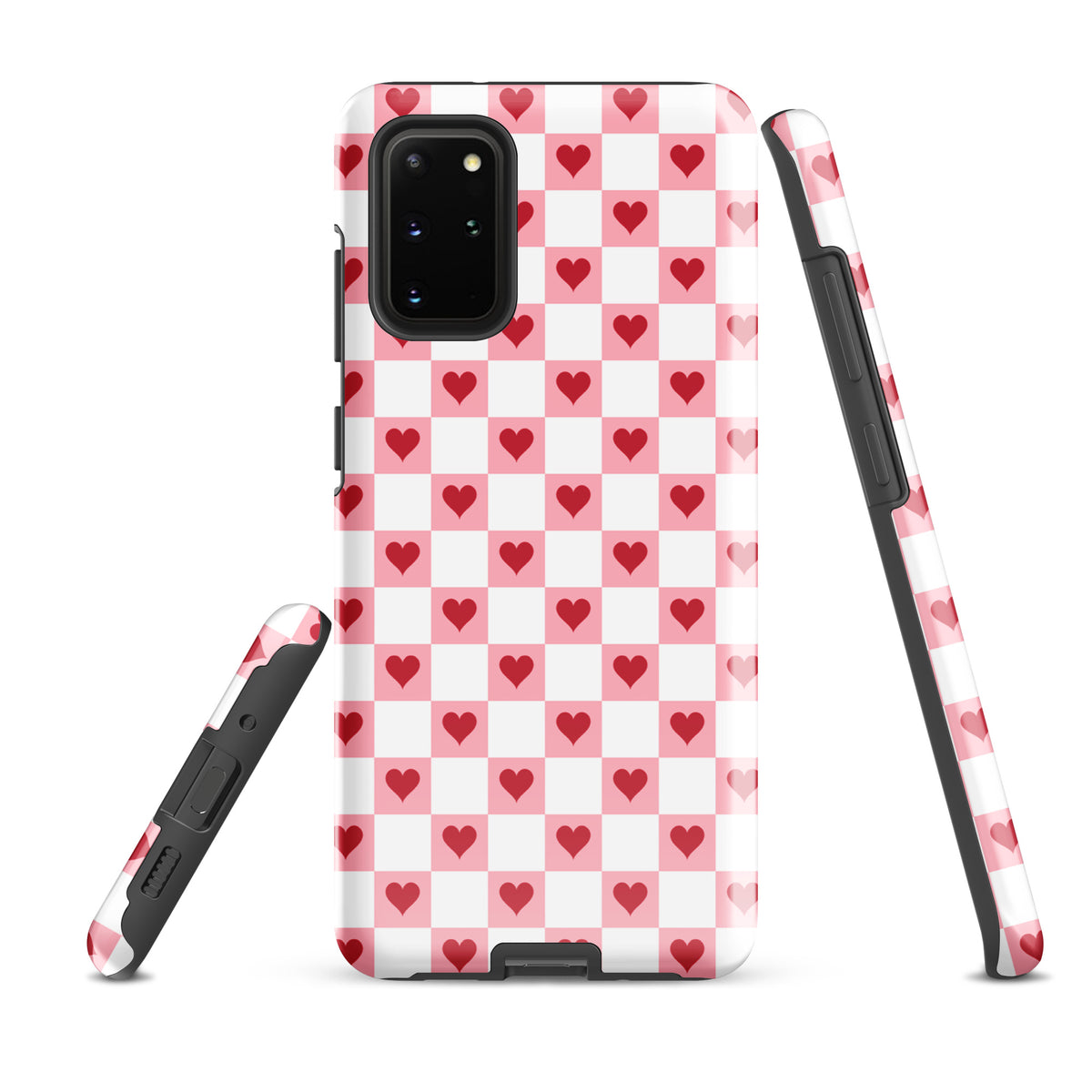 Phone Case for Samsung Galaxy with pink-white checkered design and red hearts