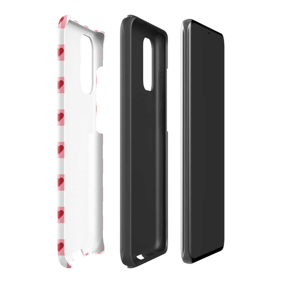 Phone Case for Samsung Galaxy with pink-and-white checkered design and red hearts, showcasing front, back, and interior views.