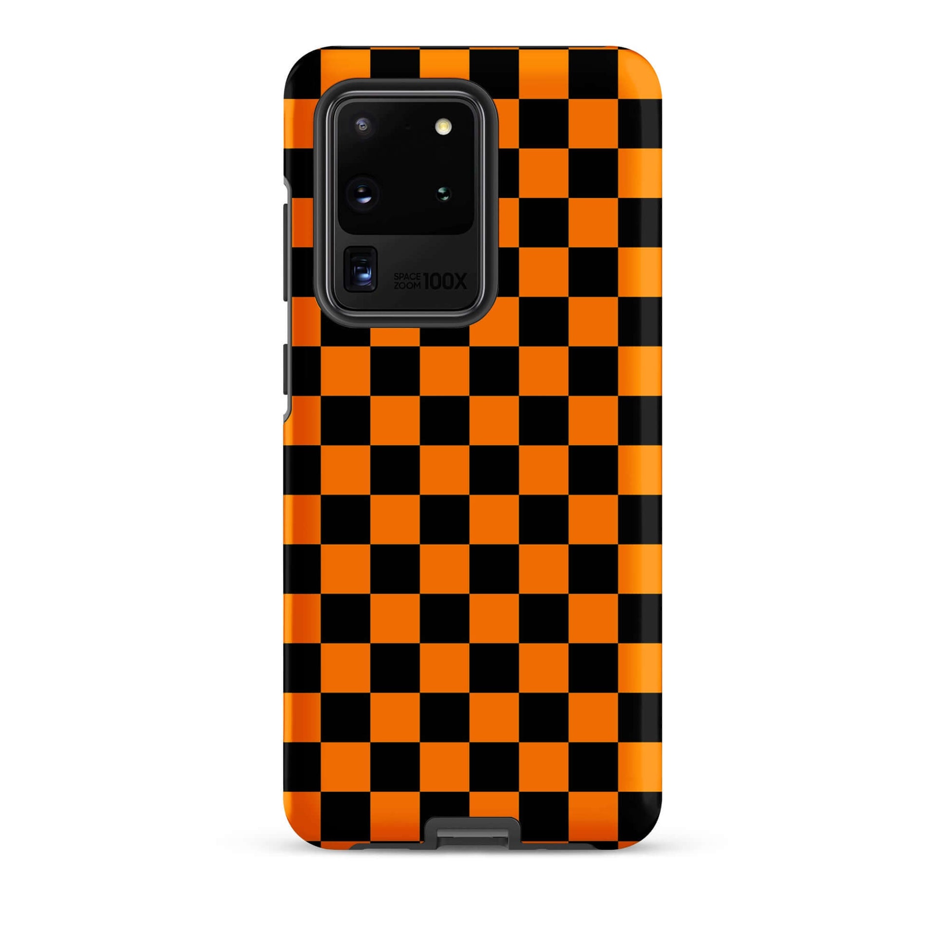 Phone Case in vibrant orange-black checkered design for Samsung Galaxy, showcasing retro fun and modern flair, perfect for personality.