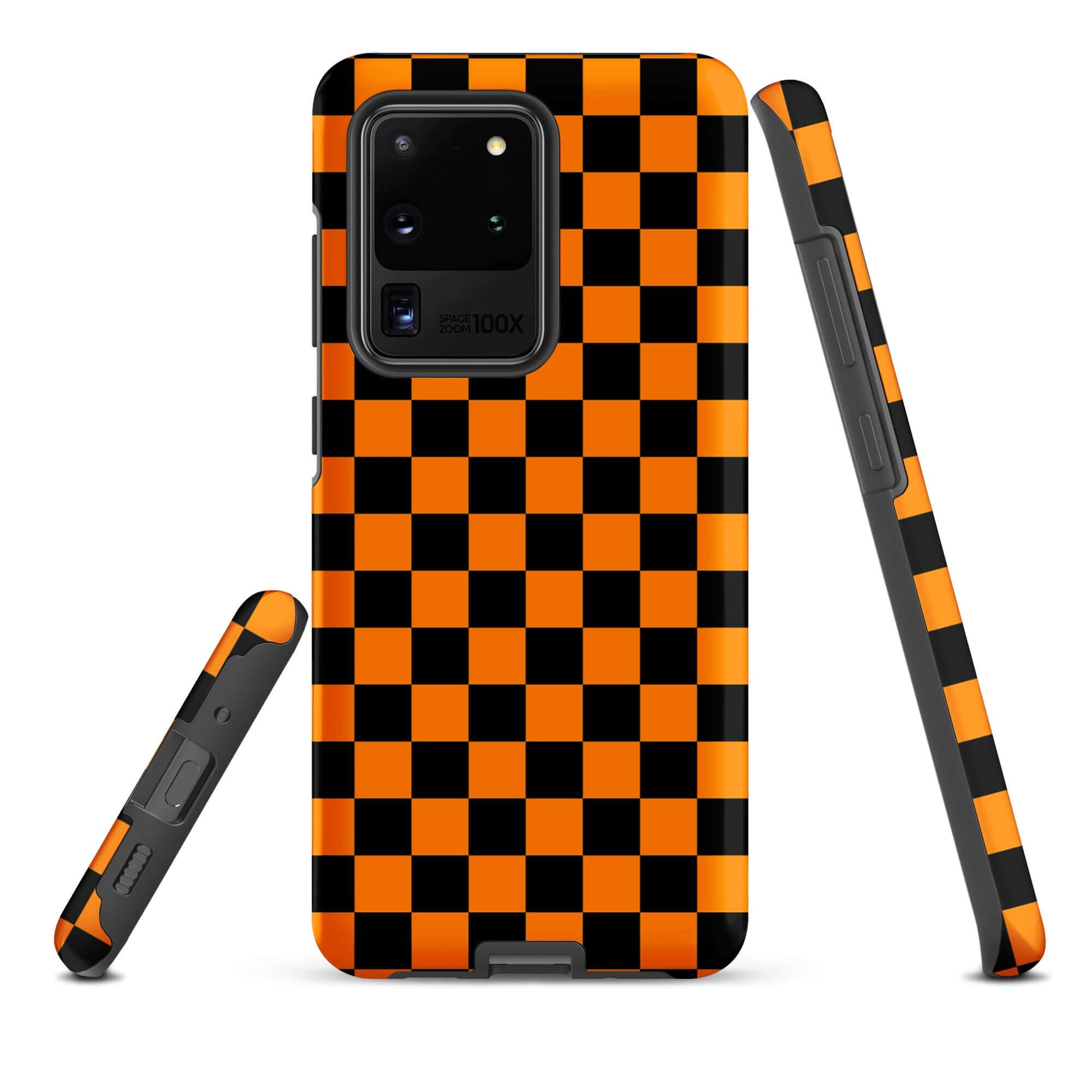 Phone Case for Samsung Galaxy with vibrant orange-black checkered design, offering a bold and modern flair for everyday use.