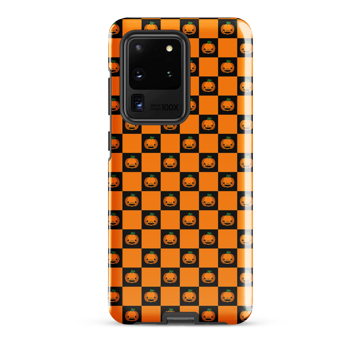 Phone Case for Samsung Galaxy with pumpkin checkered Halloween design featuring orange and black squares with jack-o'-lanterns.