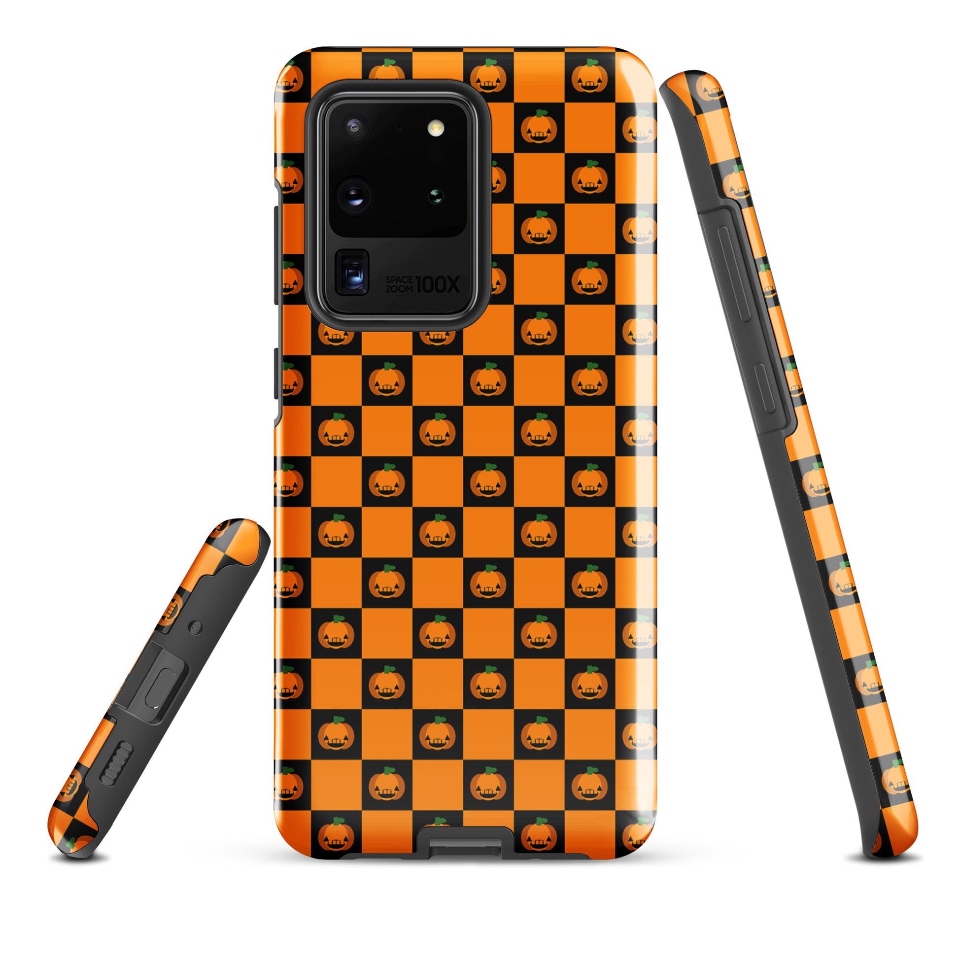 Phone Case for Samsung Galaxy with pumpkin checkered Halloween design, featuring orange and black squares with jack-o'-lanterns.