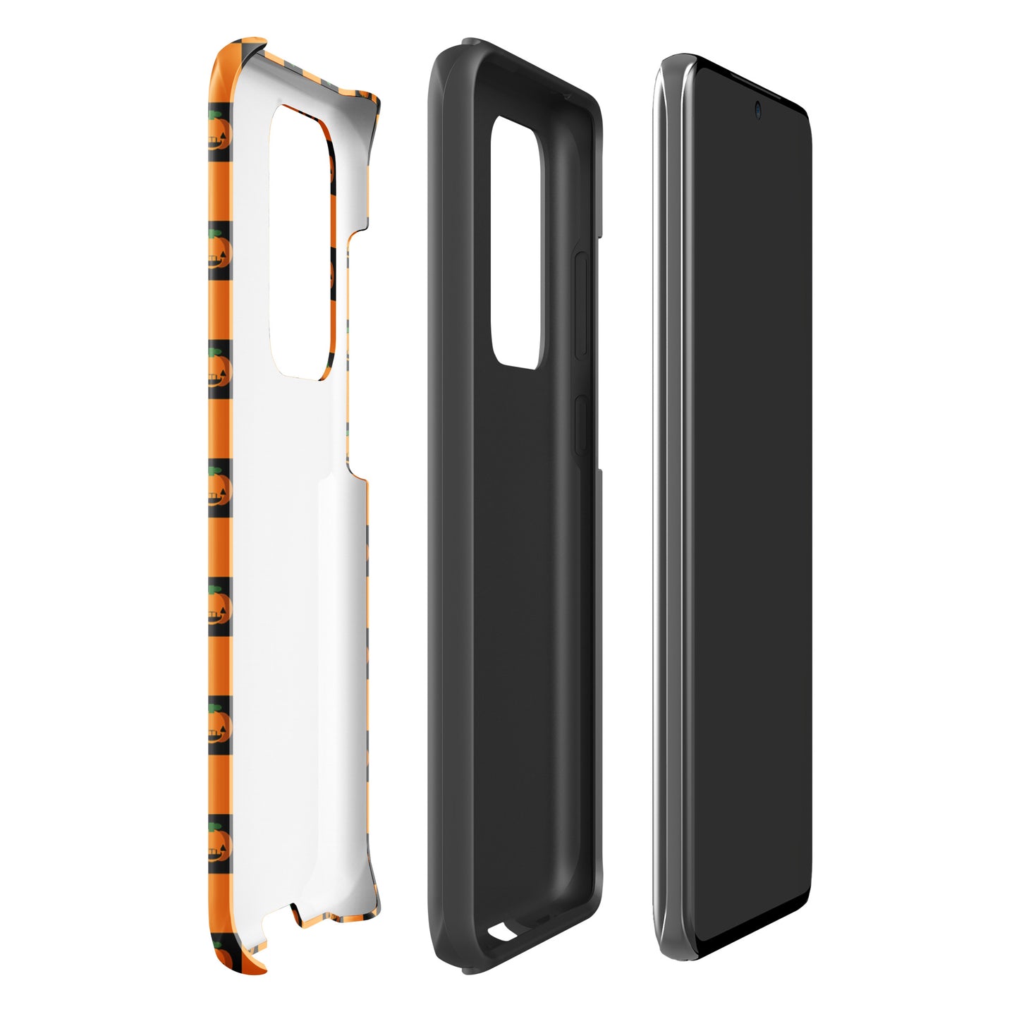 Phone Case for Samsung Galaxy with pumpkin checkered Halloween design in orange and black, featuring jack-o'-lantern patterns.
