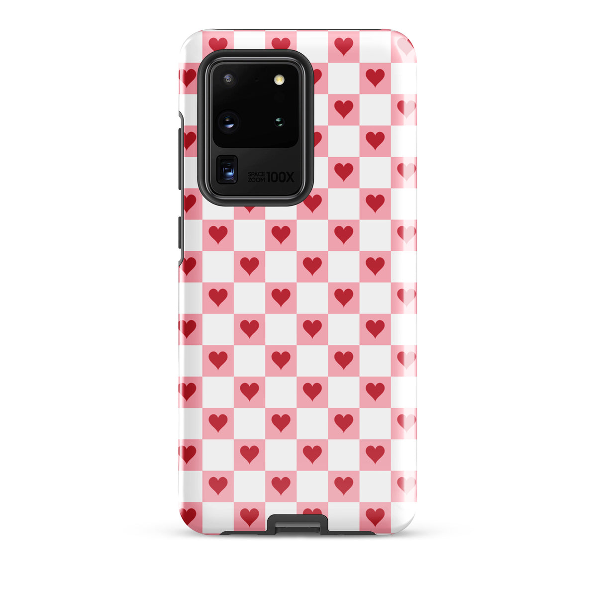 Phone Case for Samsung Galaxy with pink-and-white checkered design and red hearts pattern