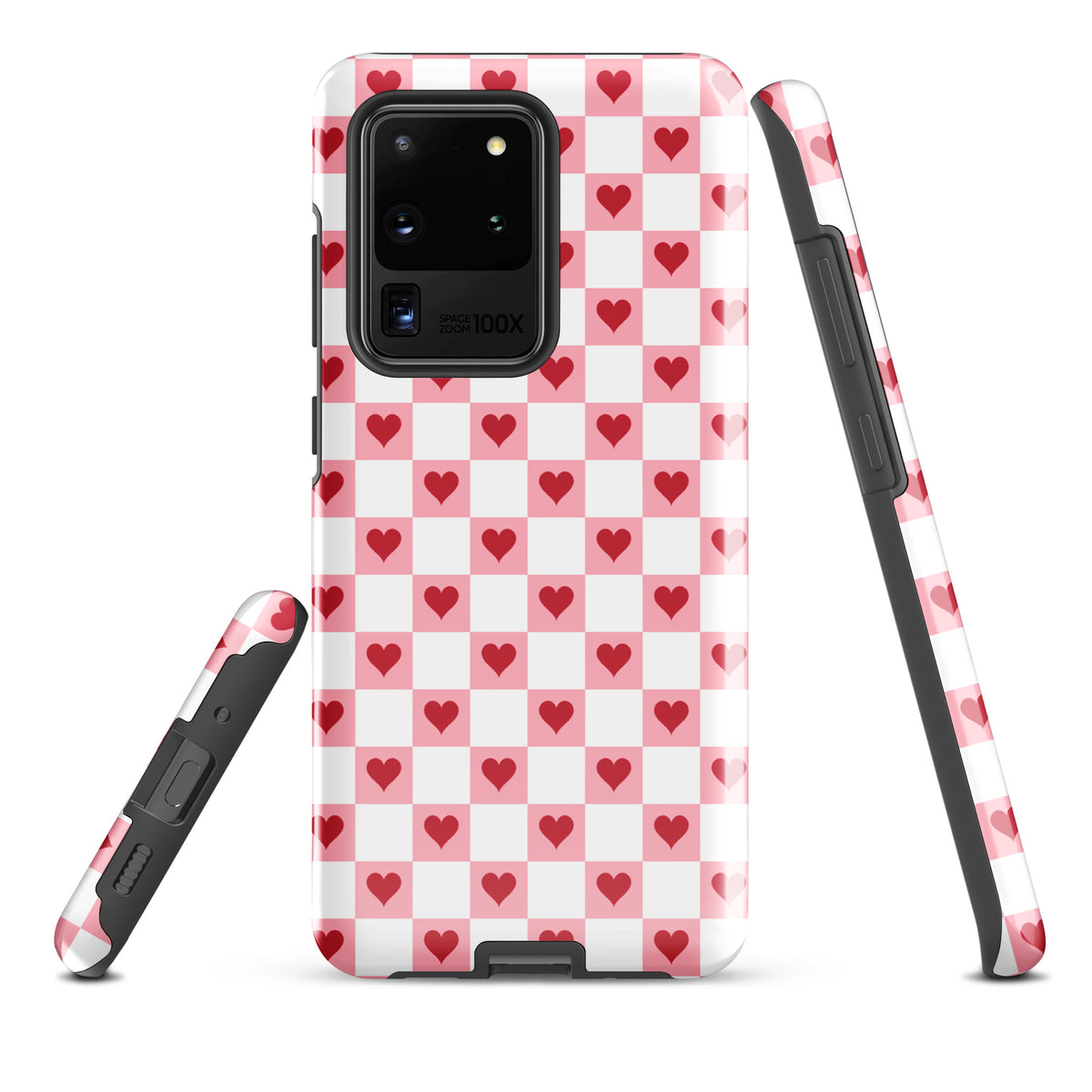 Phone Case for Samsung Galaxy with pink-and-white checkered design and red hearts pattern
