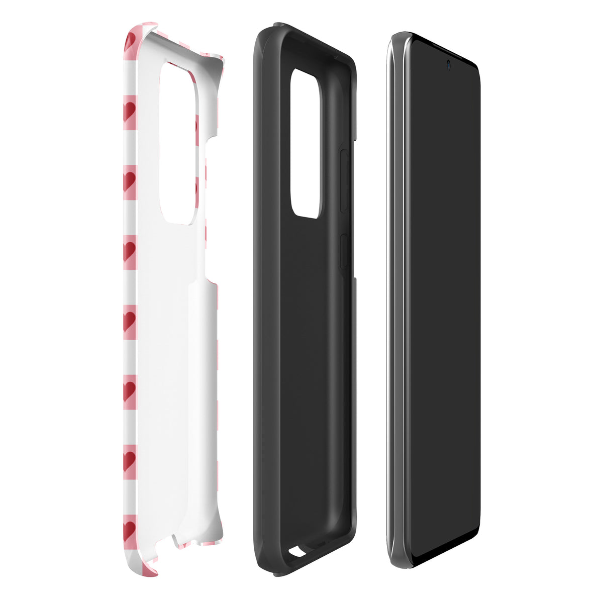 Phone Case for Samsung Galaxy in pink-and-white with red hearts checkered design, featuring crimson hearts in a charming pattern.