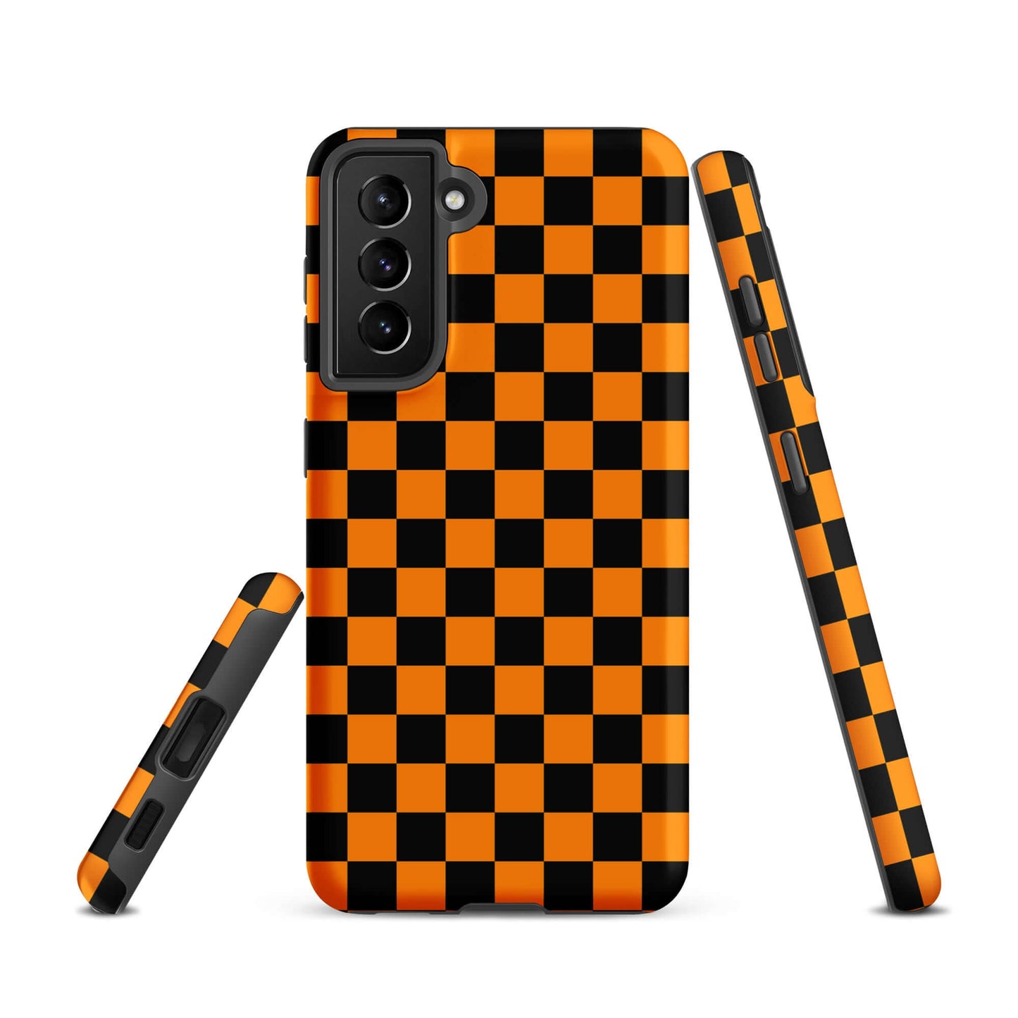 Phone Case for Samsung Galaxy in vibrant orange-black checkered design, showcasing a bold, retro-inspired pattern with a modern flair.