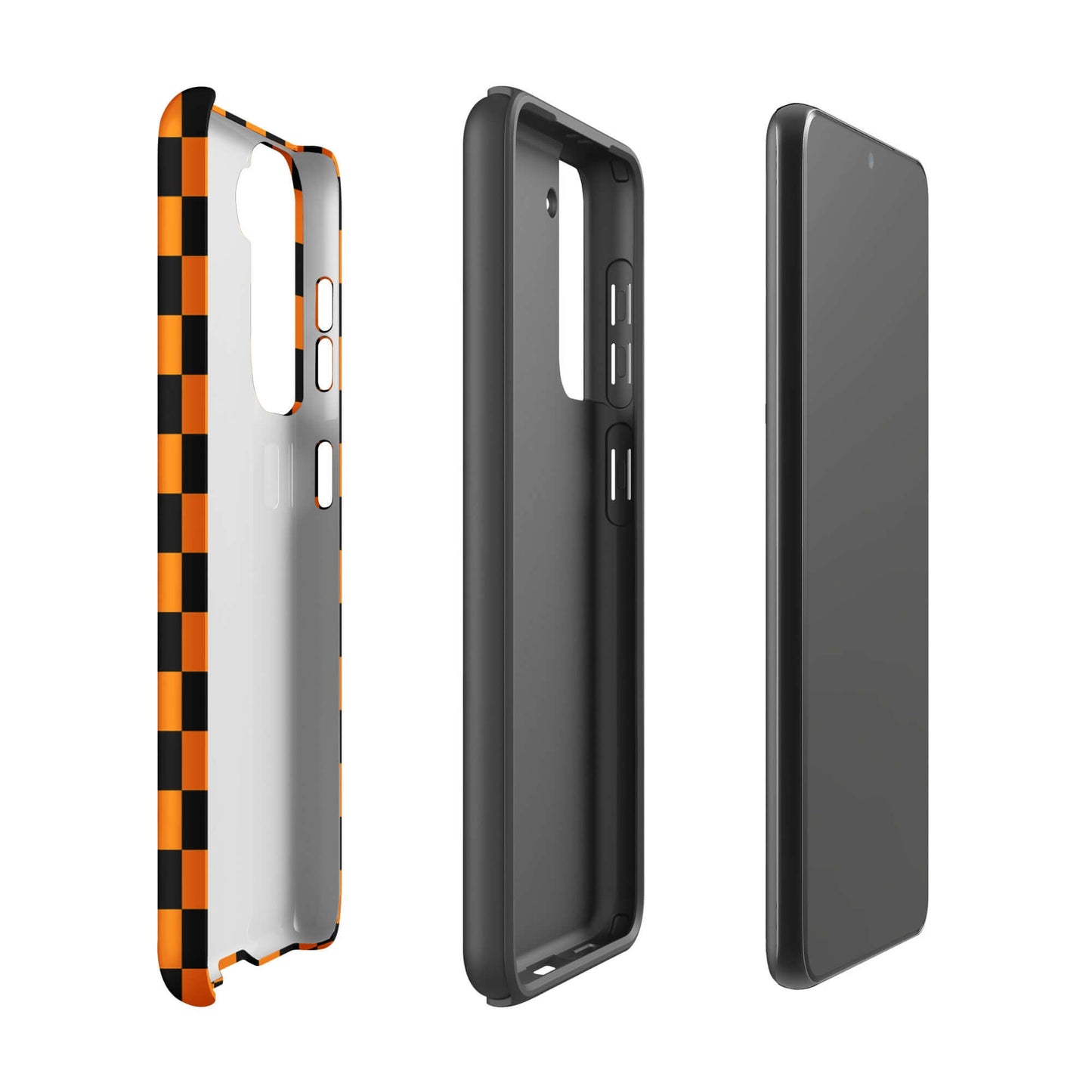 Phone Case for Samsung Galaxy with vibrant orange-black checkered design, showcasing bold, retro fun style for unique device personalization.