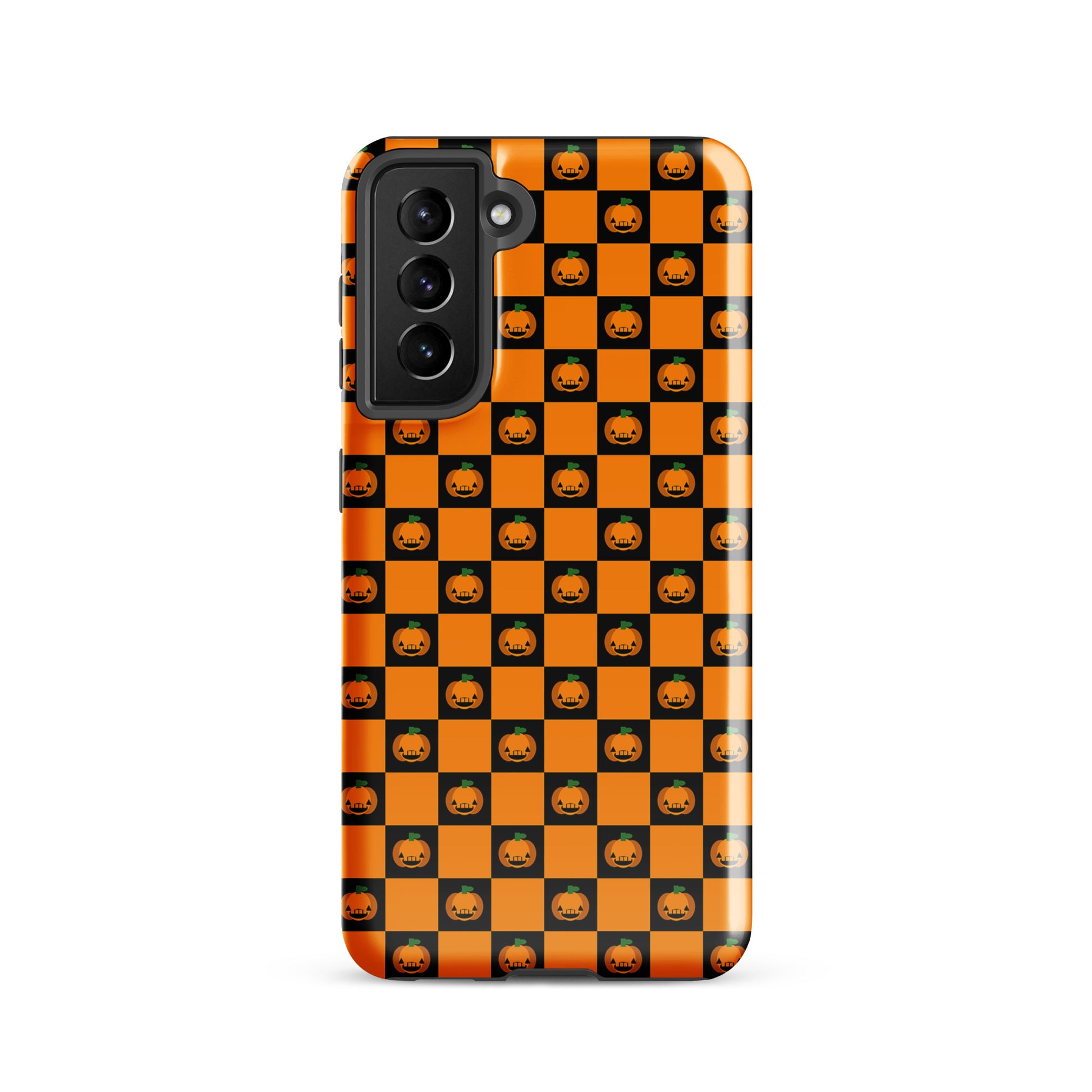 Phone Case for Samsung Galaxy with pumpkin checkered Halloween design, featuring orange and black squares with jack-o’-lanterns.