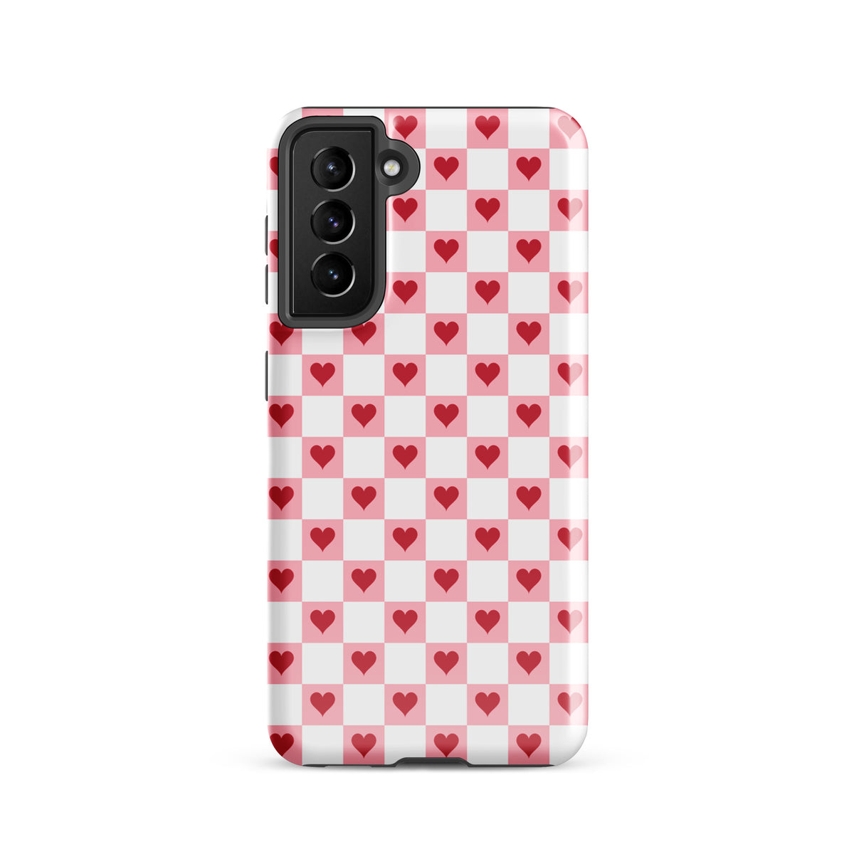 Phone Case for Samsung Galaxy with pink-and-white checkered design and red hearts.