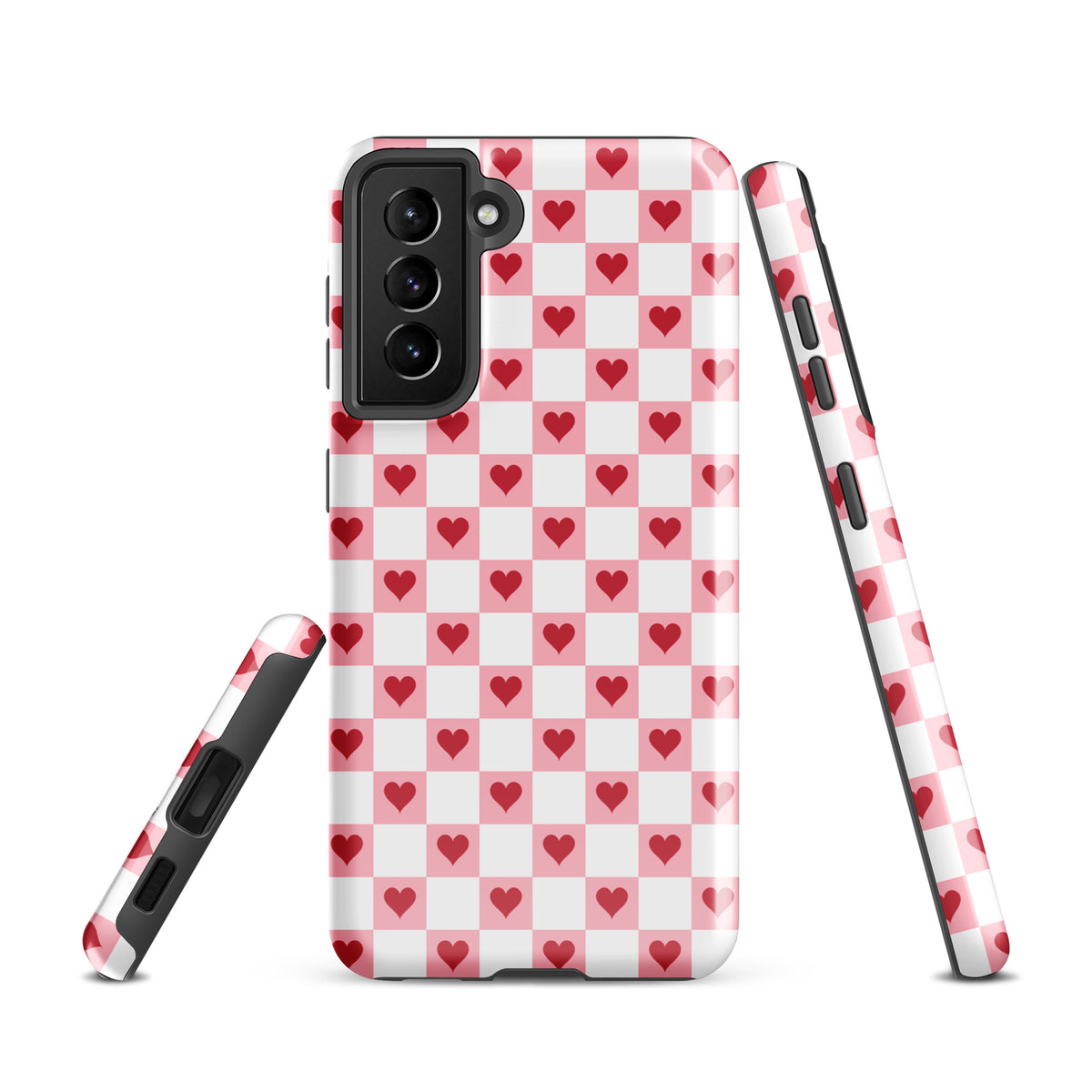 Phone Case for Samsung Galaxy with pink-and-white checkered design and red hearts creating a charming and modern look.