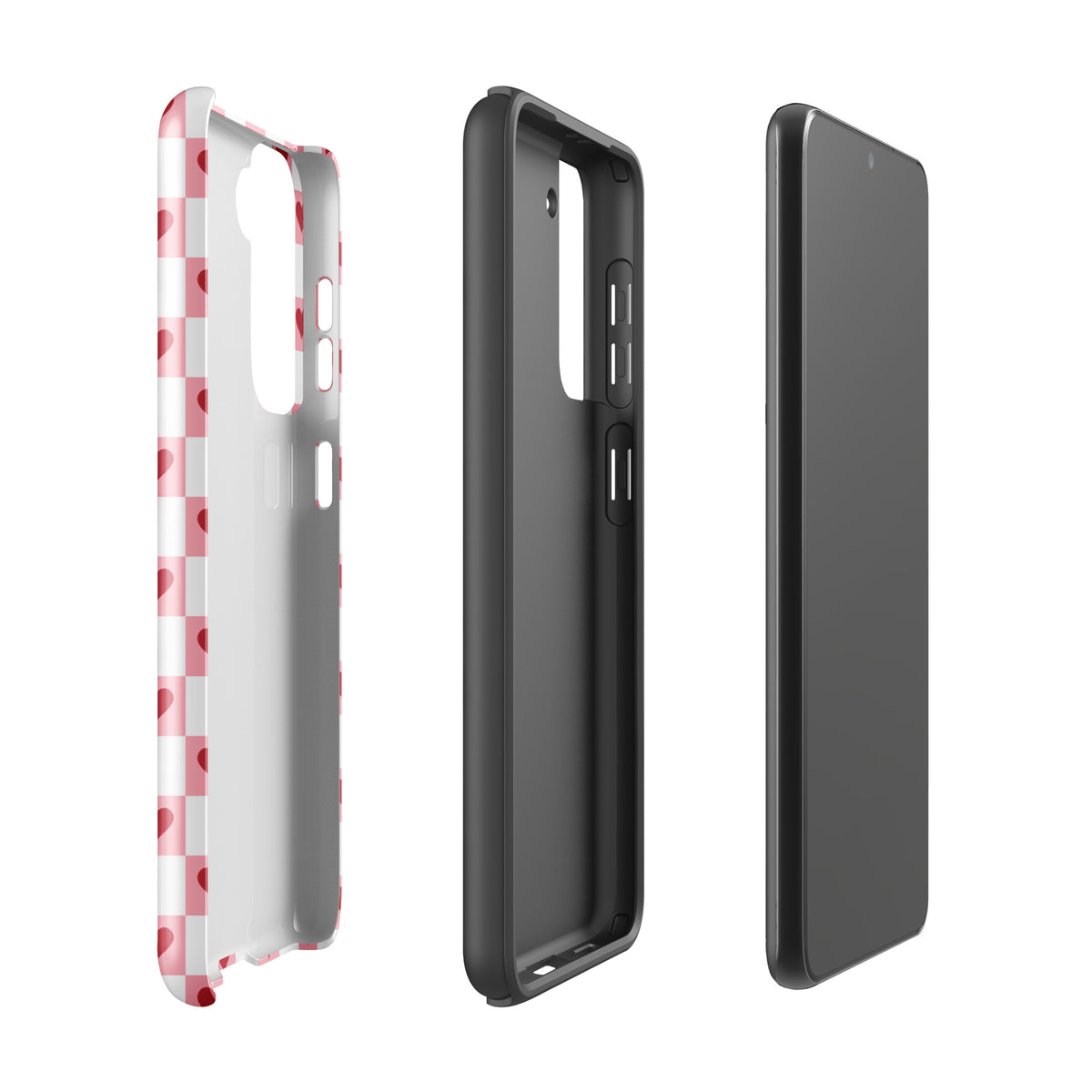Phone Case for Samsung Galaxy in pink-and-white checkered design with red hearts, showcasing charm and modern style.