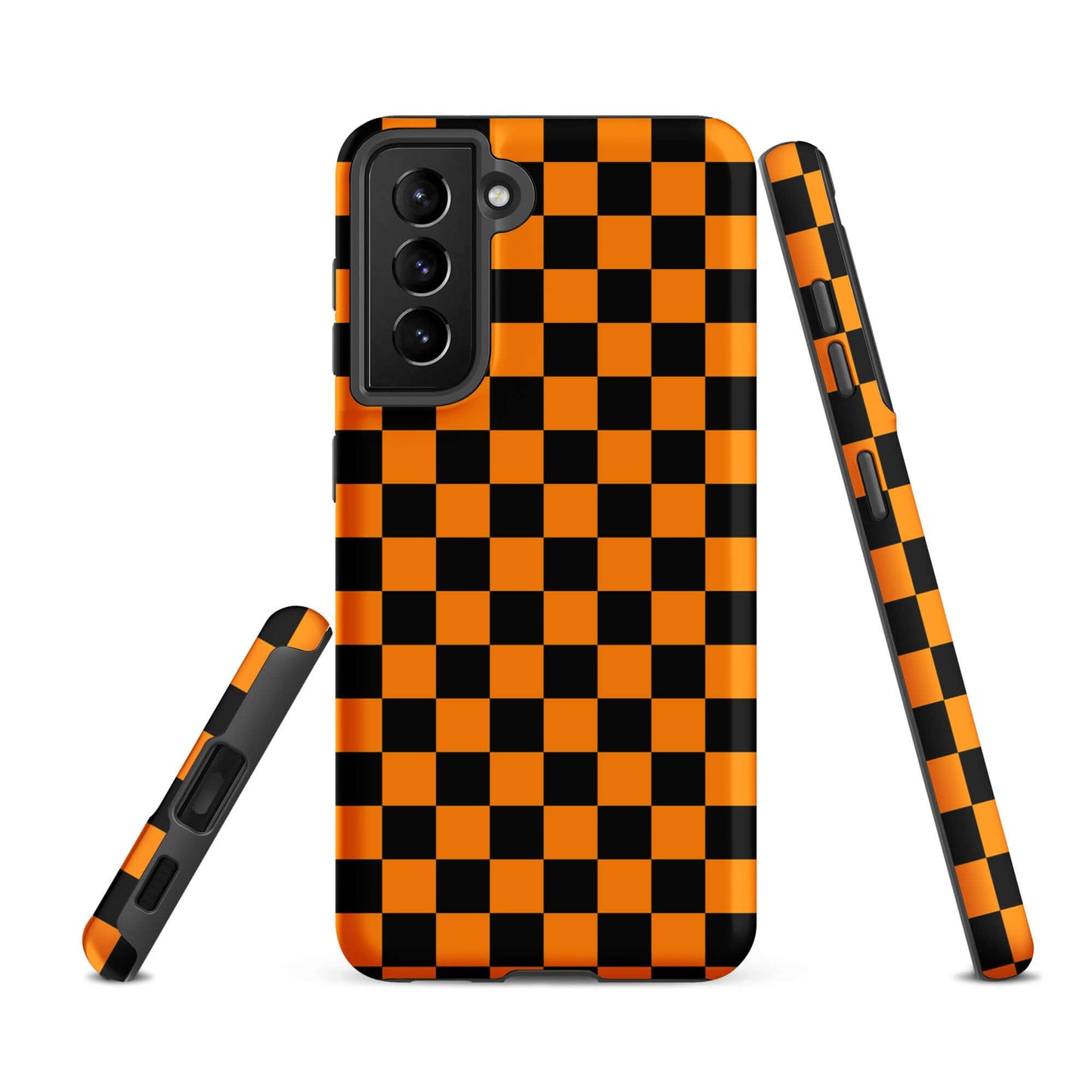 Vibrant orange-black checkered Phone Case for Samsung Galaxy with retro modern flair.