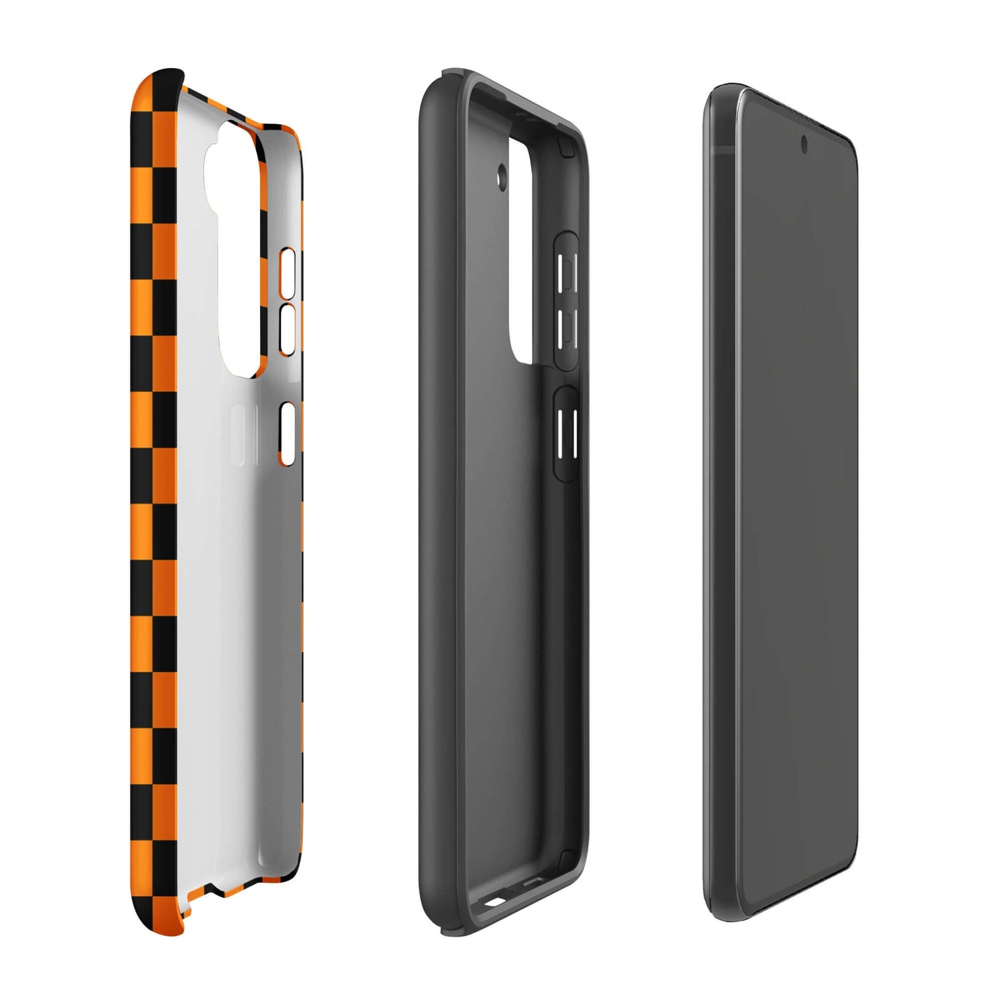 Phone Case for Samsung Galaxy with vibrant orange-black checkered design offers retro fun and modern flair, enhancing device style.