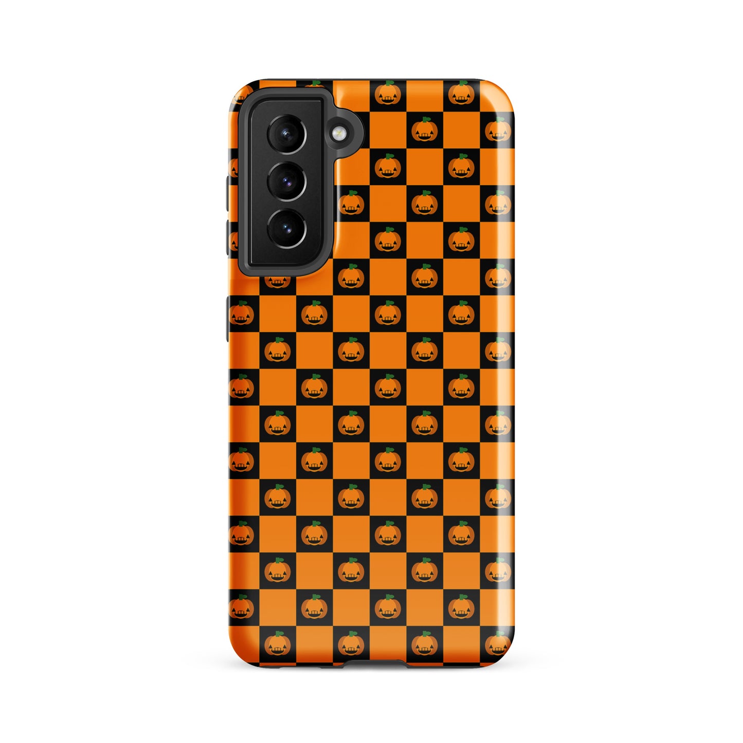 Phone Case for Samsung Galaxy with Halloween pumpkin checkered design featuring orange and black squares and jack-o'-lantern faces.