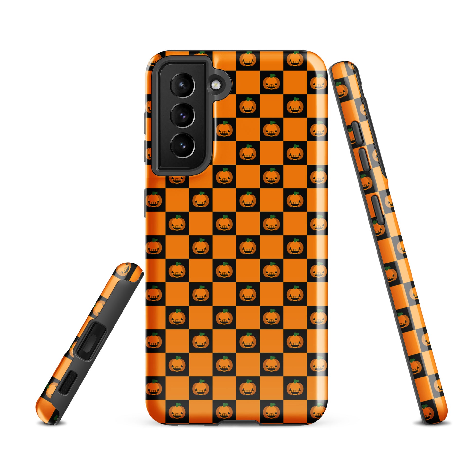 Phone Case for Samsung Galaxy with Pumpkin Checkered Halloween Design, featuring orange and black pattern and jack-o'-lanterns.