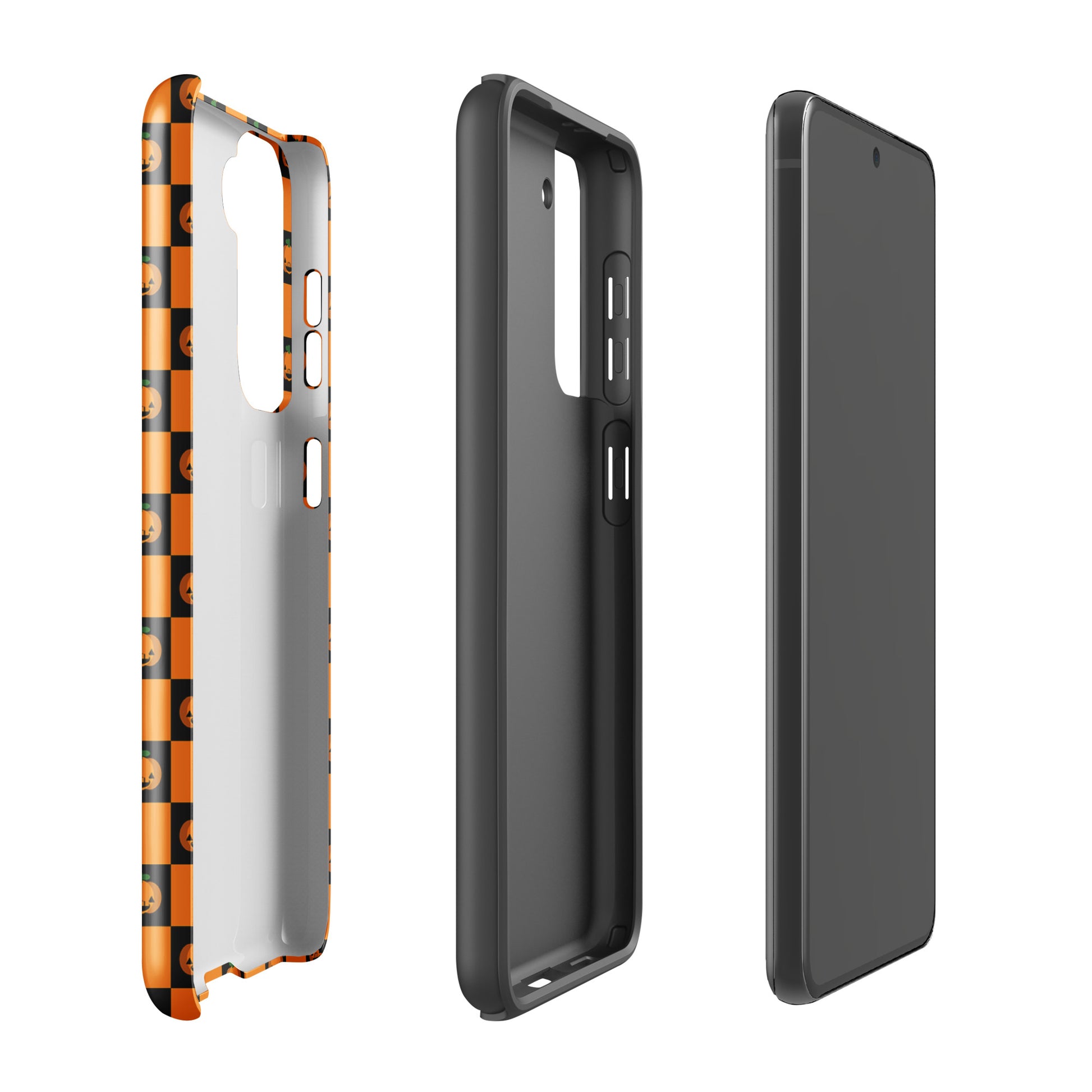 Phone Case for Samsung Galaxy in pumpkin checkered Halloween design showing side and back view.