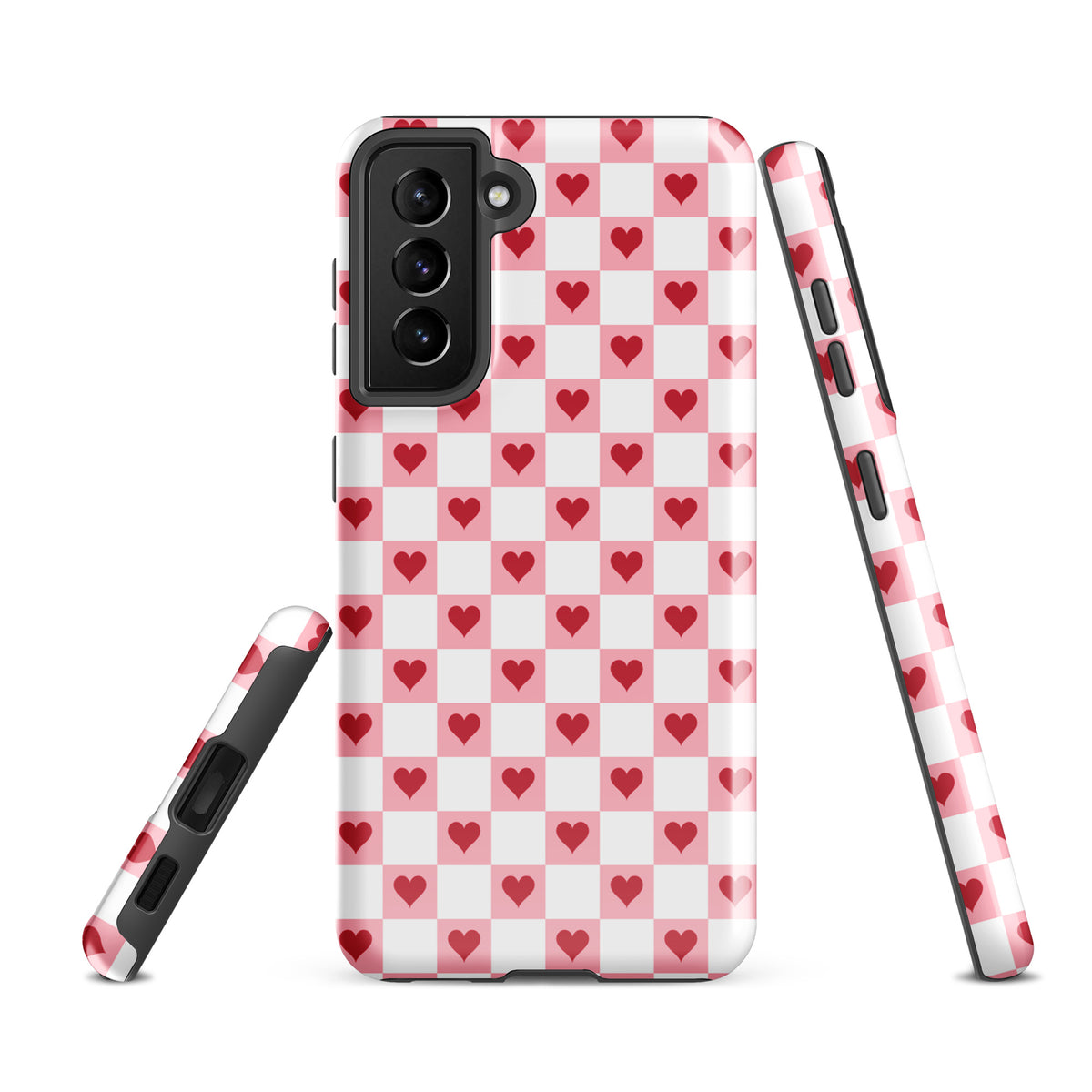 Phone Case for Samsung Galaxy - Pink-and-White with Red Hearts Checkered Design
