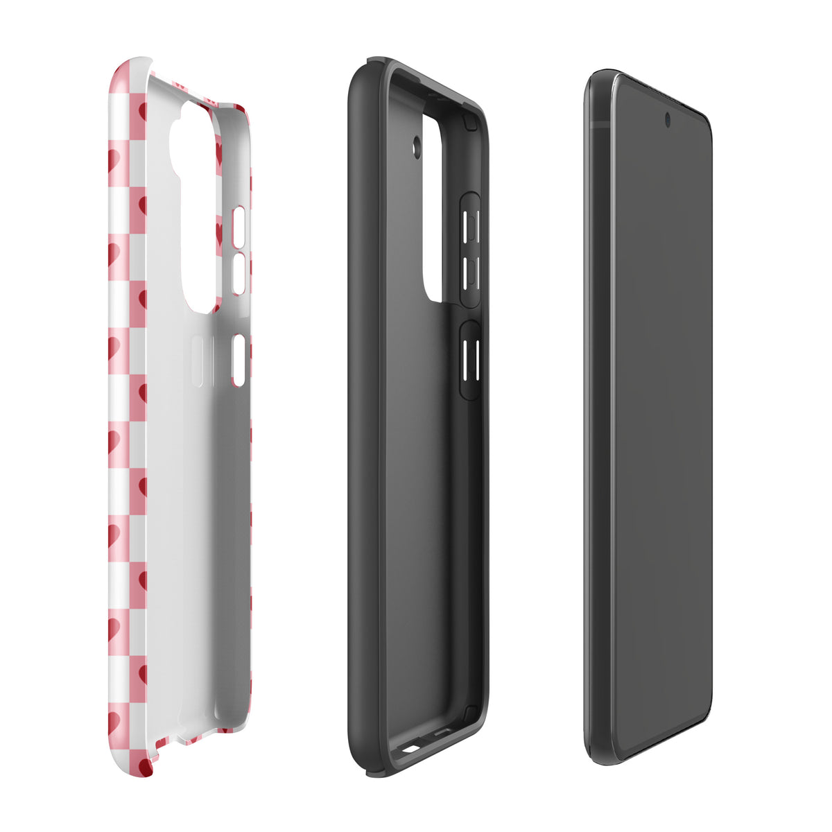 Phone Case for Samsung Galaxy - pink and white with red hearts checkered design