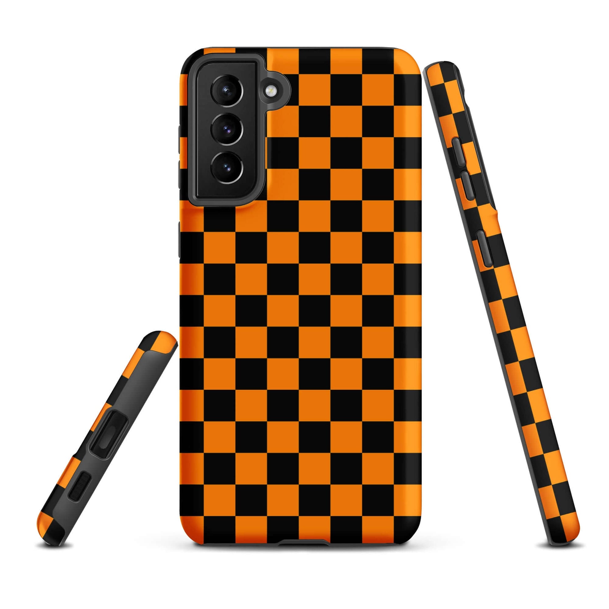 Phone Case for Samsung Galaxy with vibrant orange-black checkered design, showcasing retro fun and modern flair.