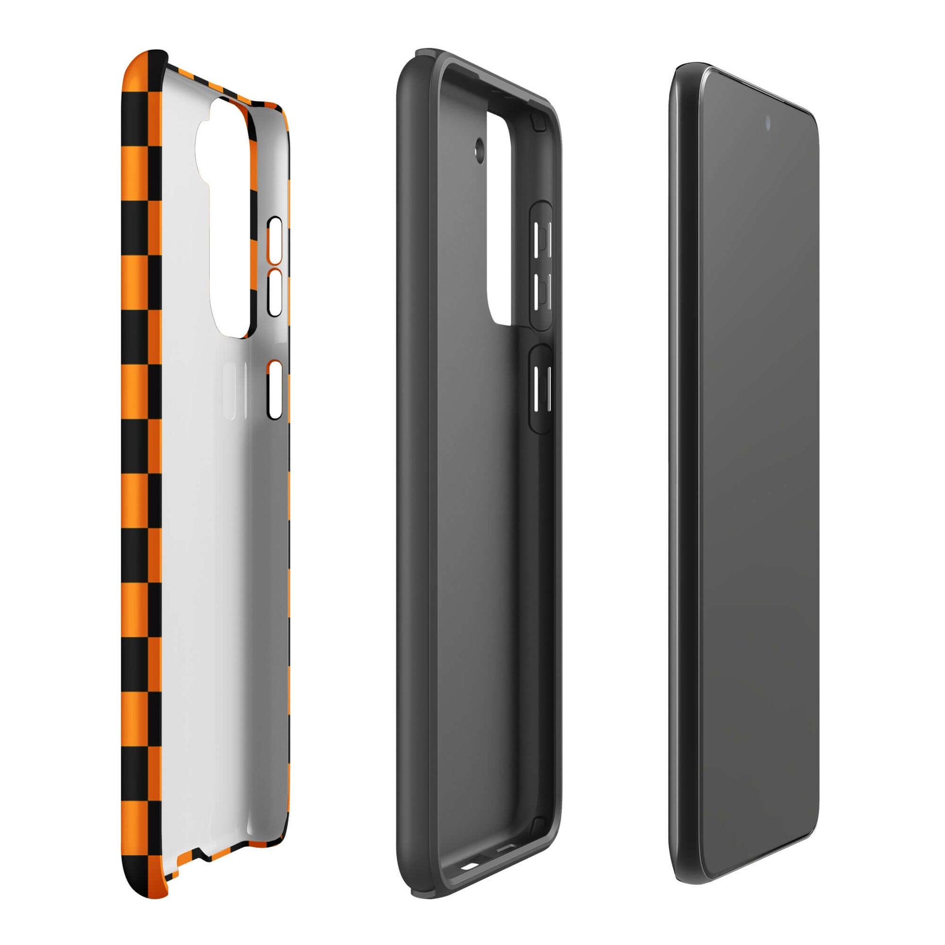 Phone Case for Samsung Galaxy with vibrant orange-black checkered design, retro-modern flair, showcasing front and back views.