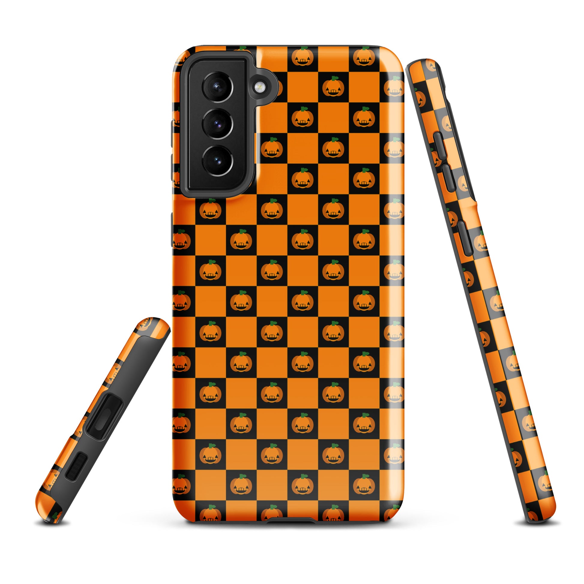 Phone Case for Samsung Galaxy with pumpkin checkered Halloween design featuring orange and black squares and jack-o'-lanterns.