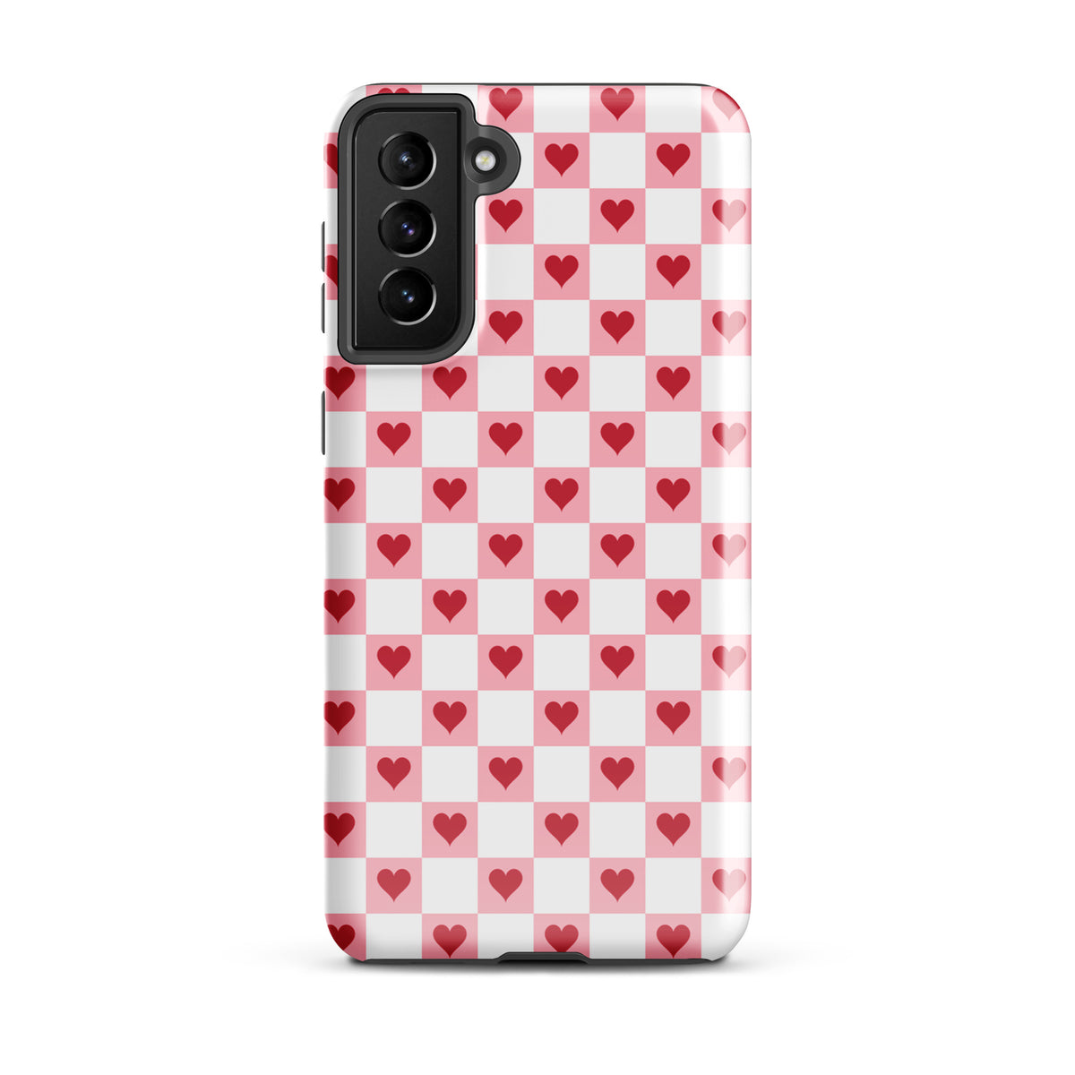 Phone Case for Samsung Galaxy in pink-and-white with red hearts checkered design, perfect for a charming, cheerful look.