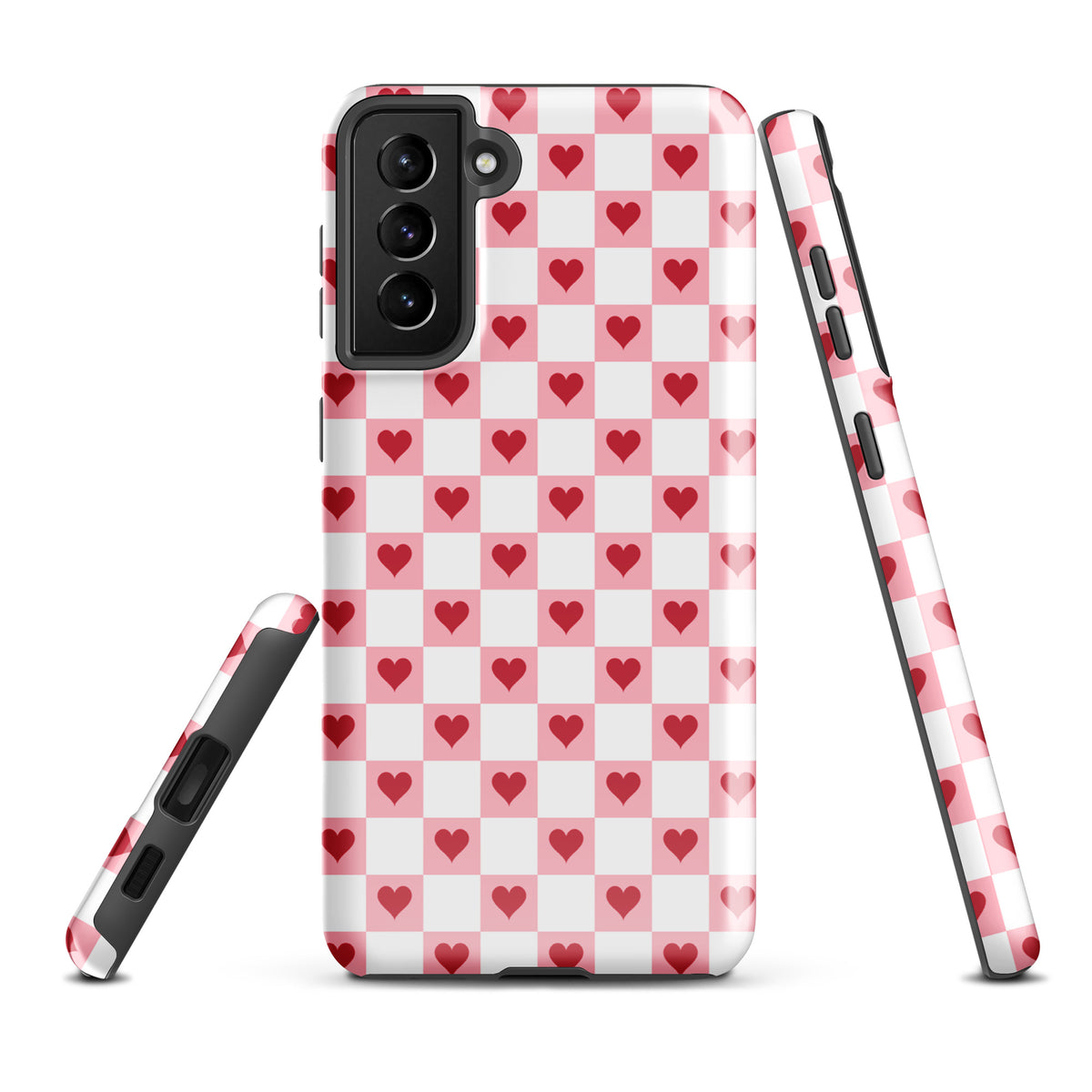 Phone Case for Samsung Galaxy with pink-and-white checkered pattern and red hearts design, cute and stylish for everyday use.
