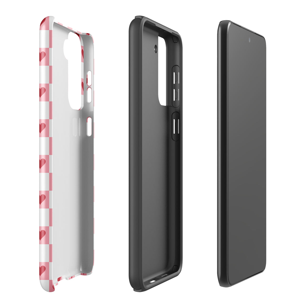 Phone Case for Samsung Galaxy pink-and-white with red hearts pattern shown in three angles