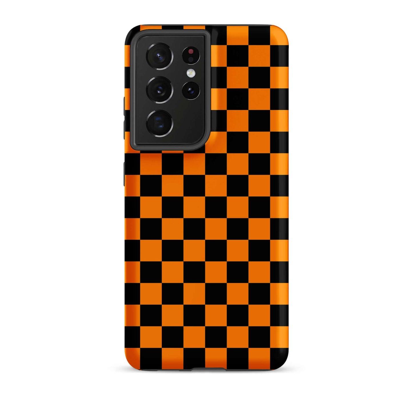 Phone Case with vibrant orange-black checkered design for Samsung Galaxy, combining retro fun and modern style.