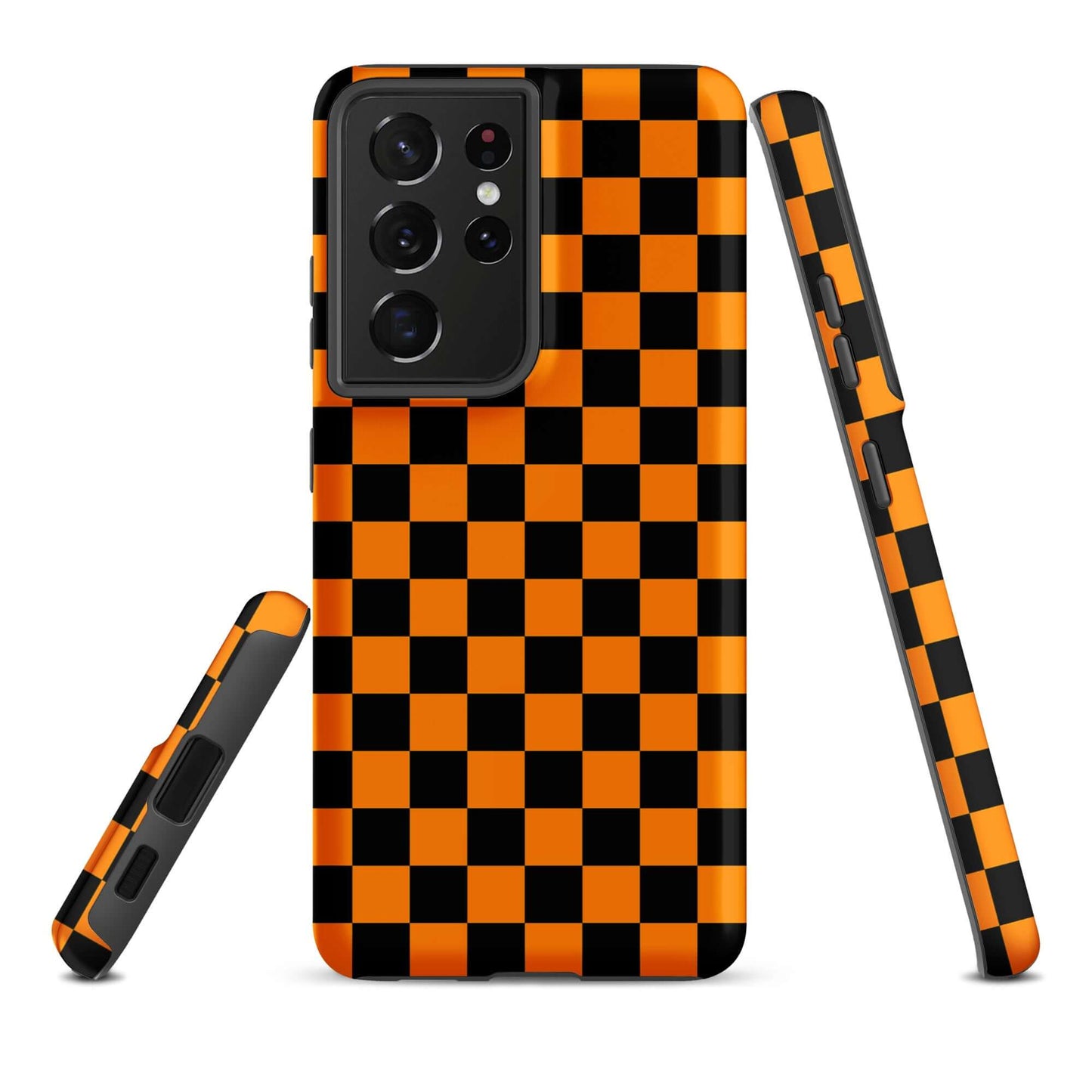 Phone Case for Samsung Galaxy with vibrant orange-black checkered design, combining retro fun and modern flair.