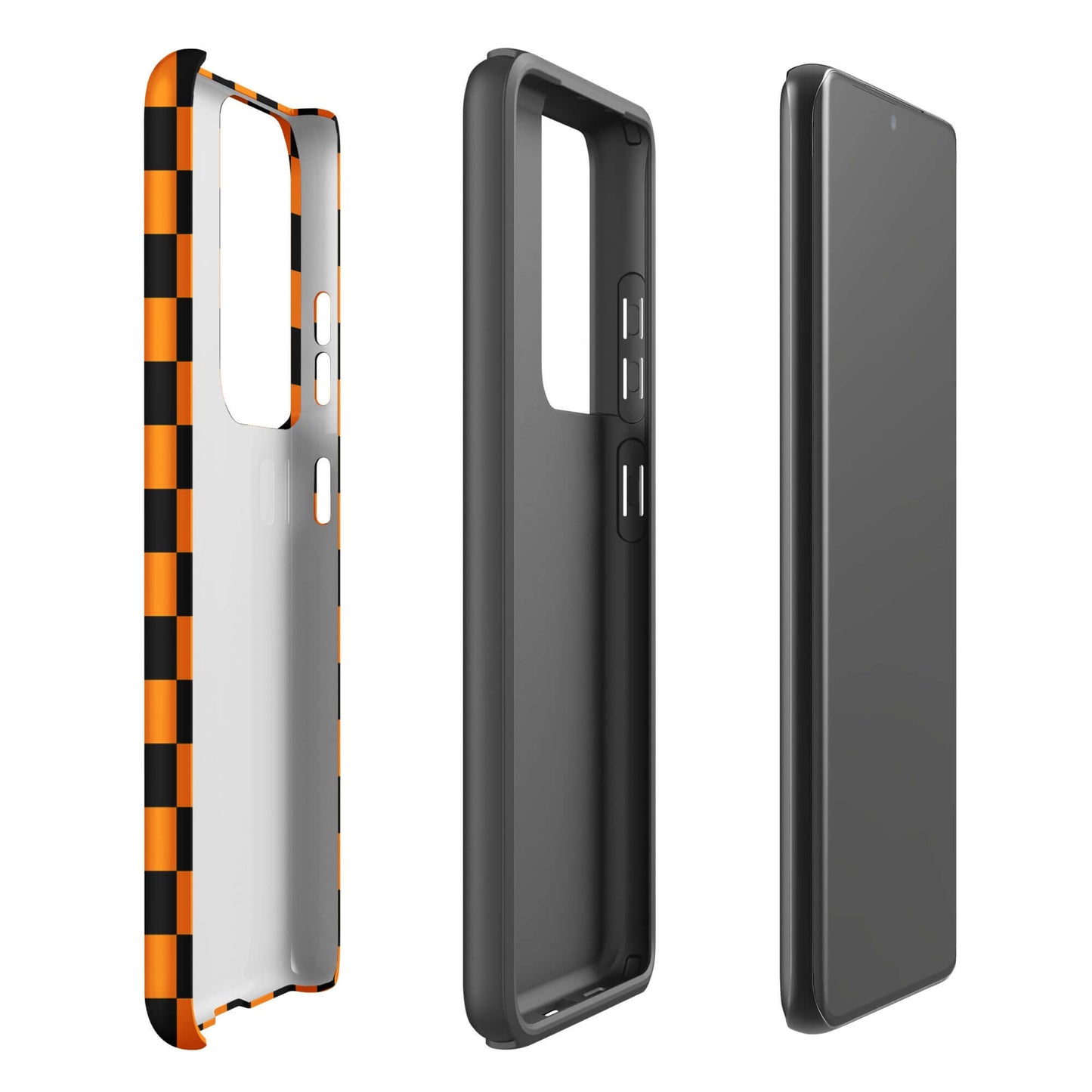 Phone Case for Samsung Galaxy - Vibrant Orange-Black Checkered Design with retro modern flair