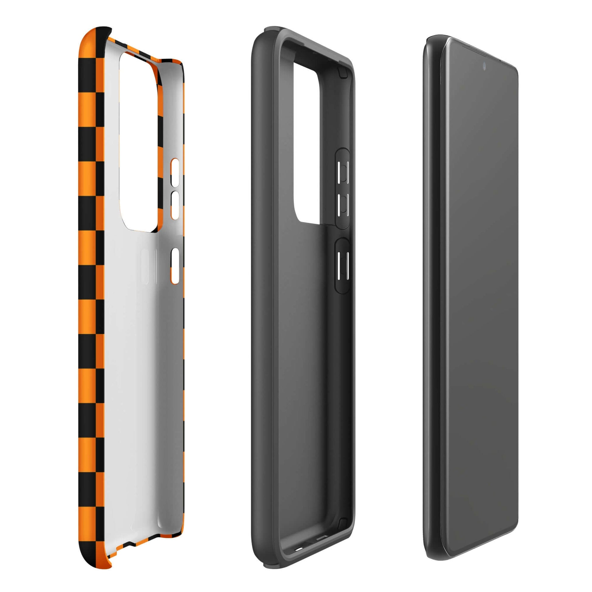 Phone Case for Samsung Galaxy - Vibrant Orange-Black Checkered Design with retro modern flair