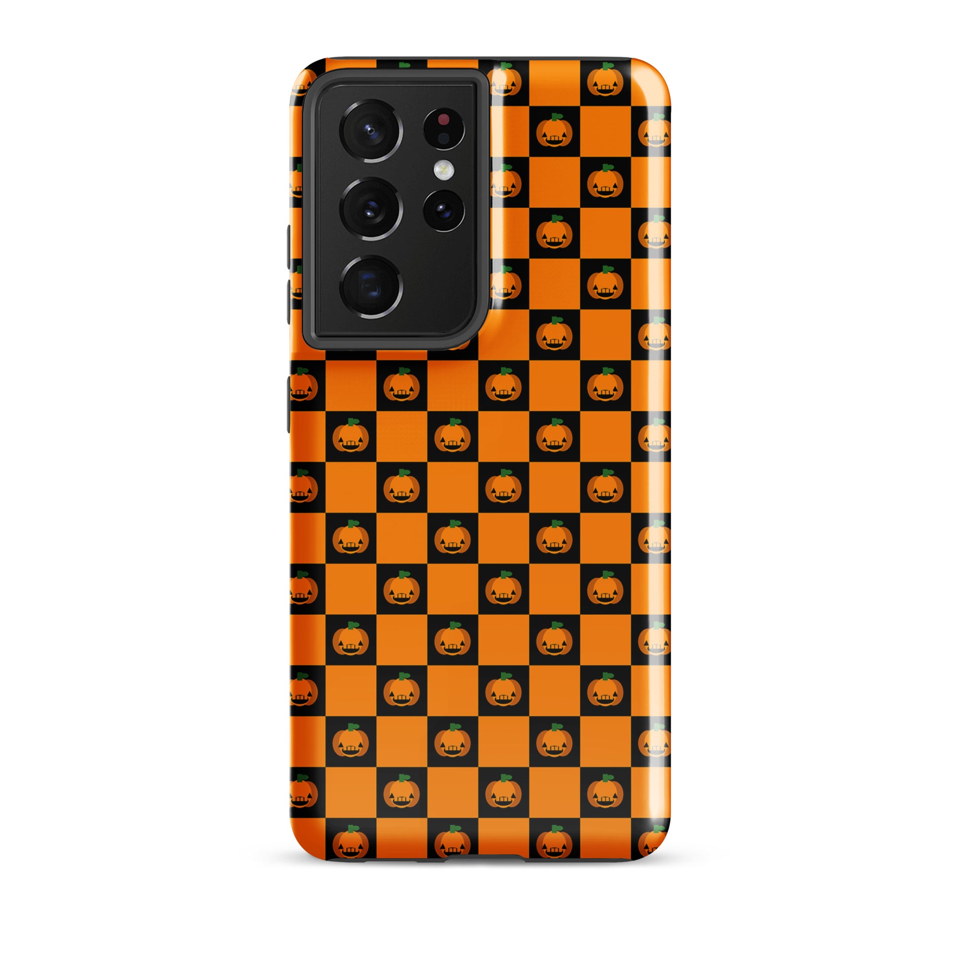 Phone Case for Samsung Galaxy with pumpkin checkered Halloween design, featuring orange and black squares with jack-o’-lanterns.