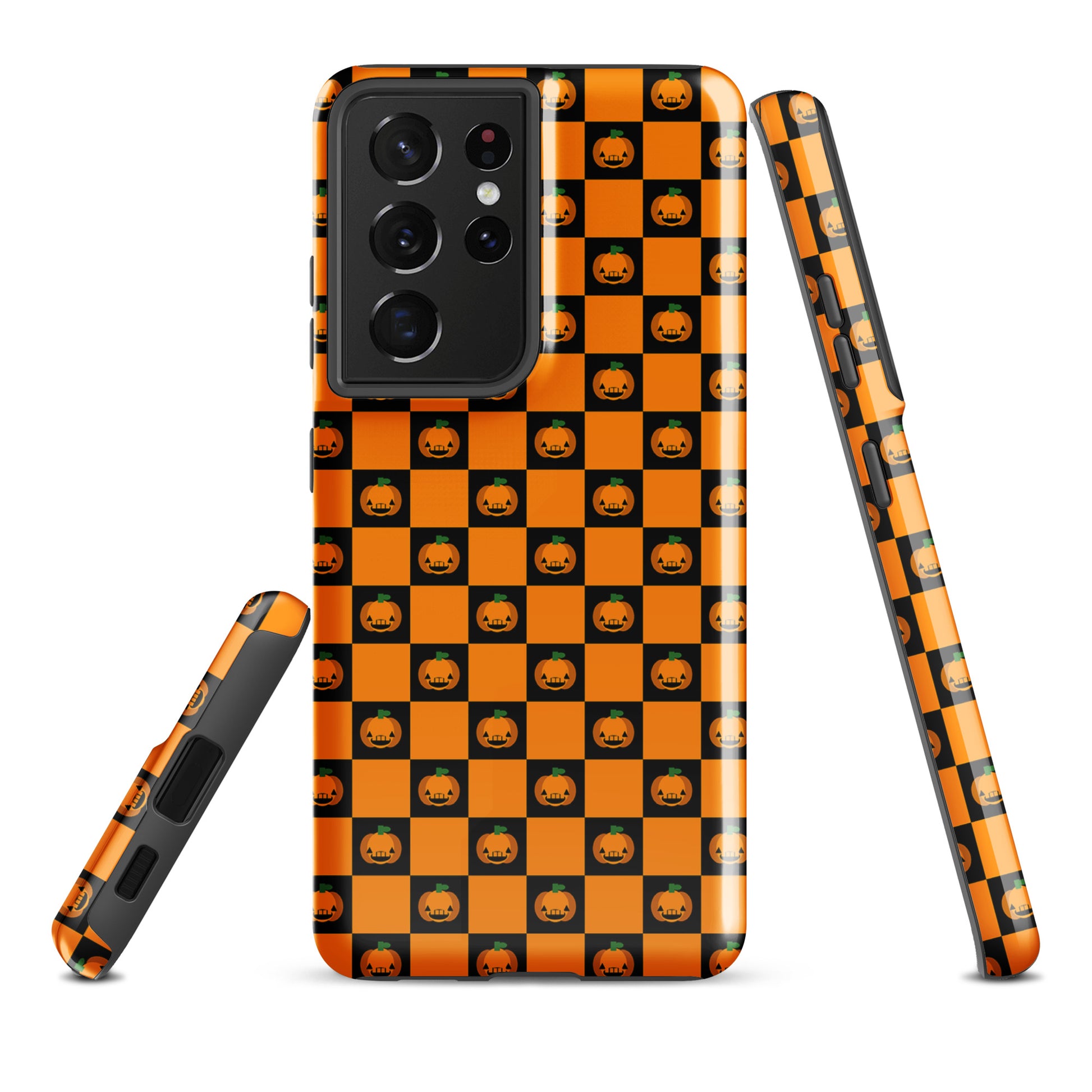 Phone Case for Samsung Galaxy with pumpkin checkered Halloween design, featuring orange and black squares with jack-o'-lanterns.